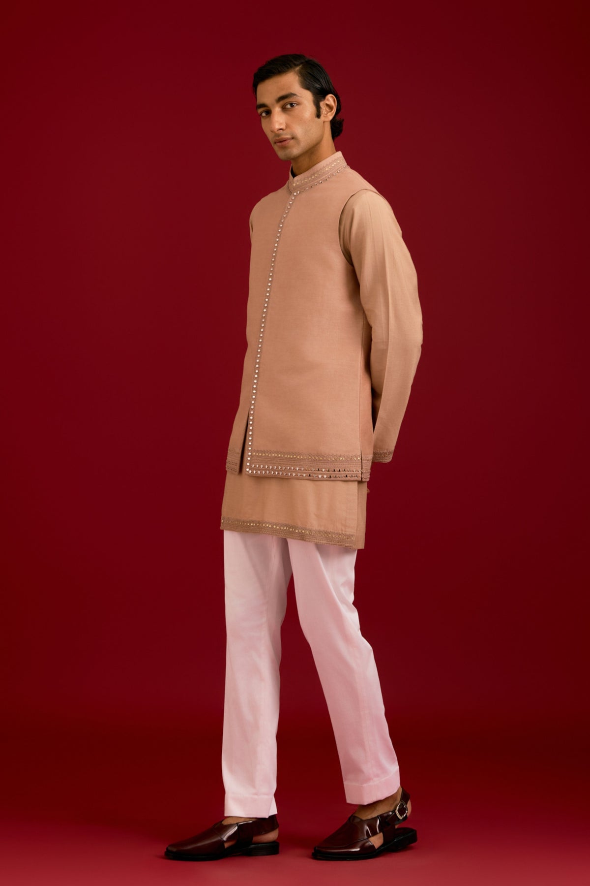 Beige Linen Satin Bundi Set
