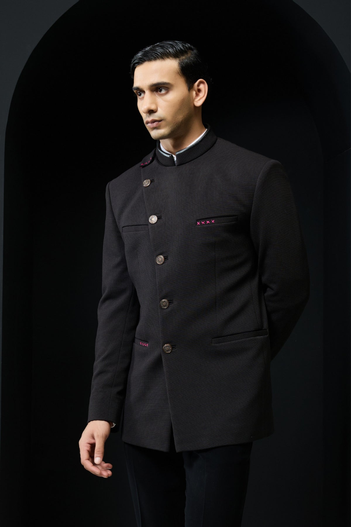 Black Bandhgala Set With Slant Cut