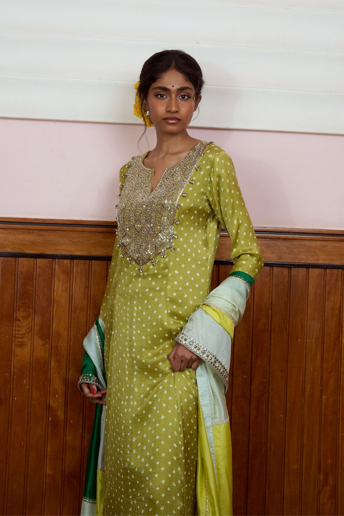 Ishq Olive Bandhani Anarkali Set