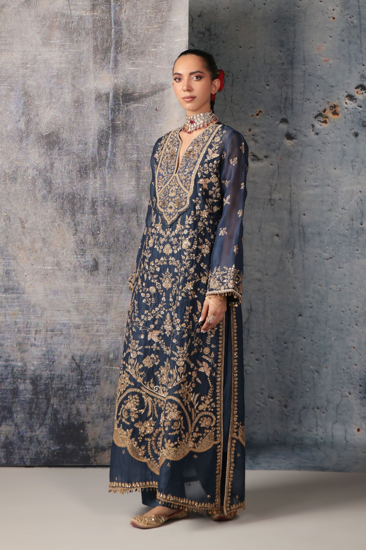 Blue Long Jaal Kurta Set