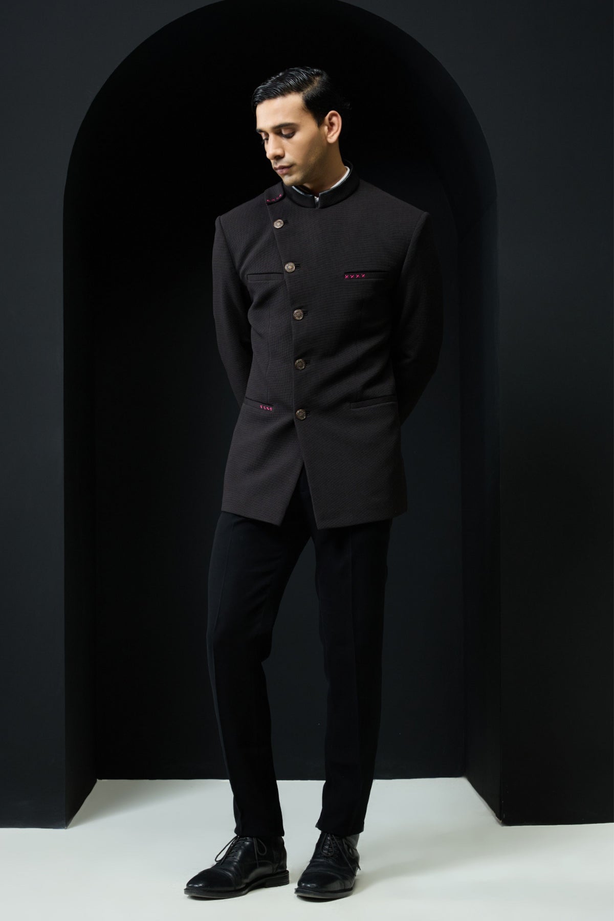 Black Bandhgala Set With Slant Cut