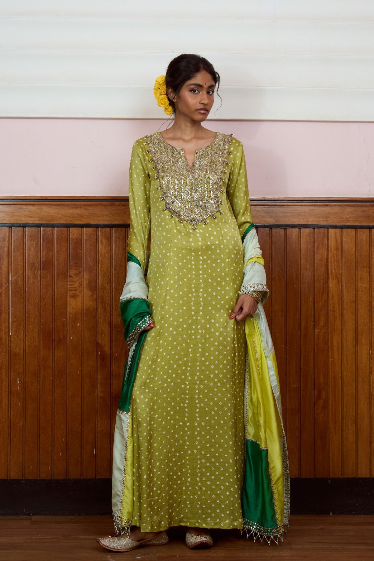 Ishq Olive Bandhani Anarkali Set
