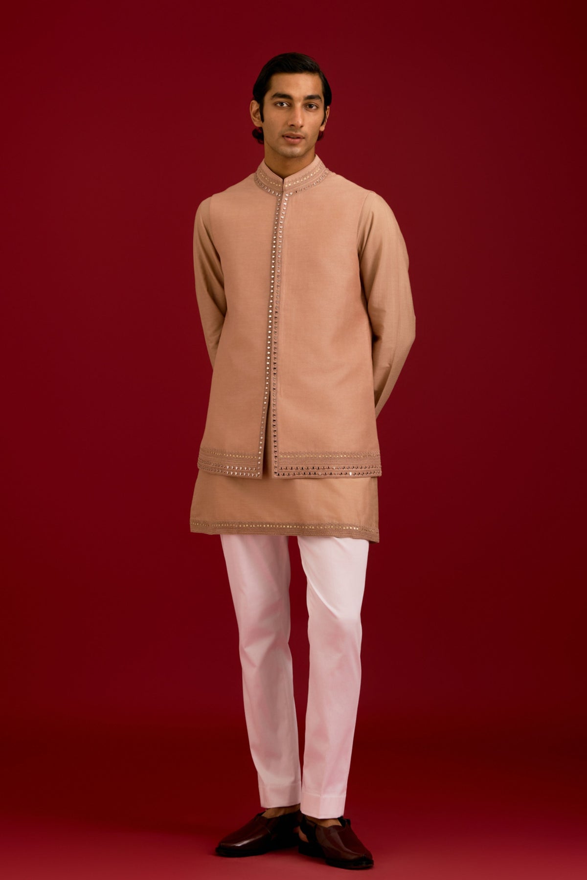 Beige Linen Satin Bundi Set
