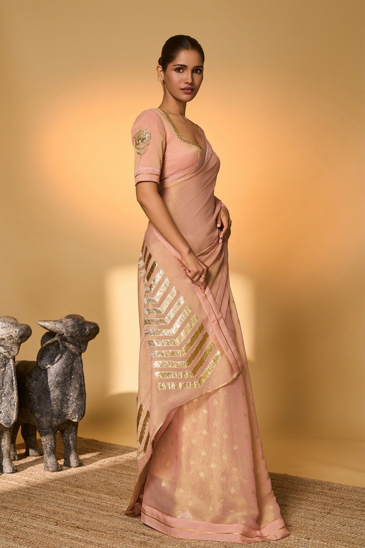 Baby Pink Droopy Bloom Gota Saree