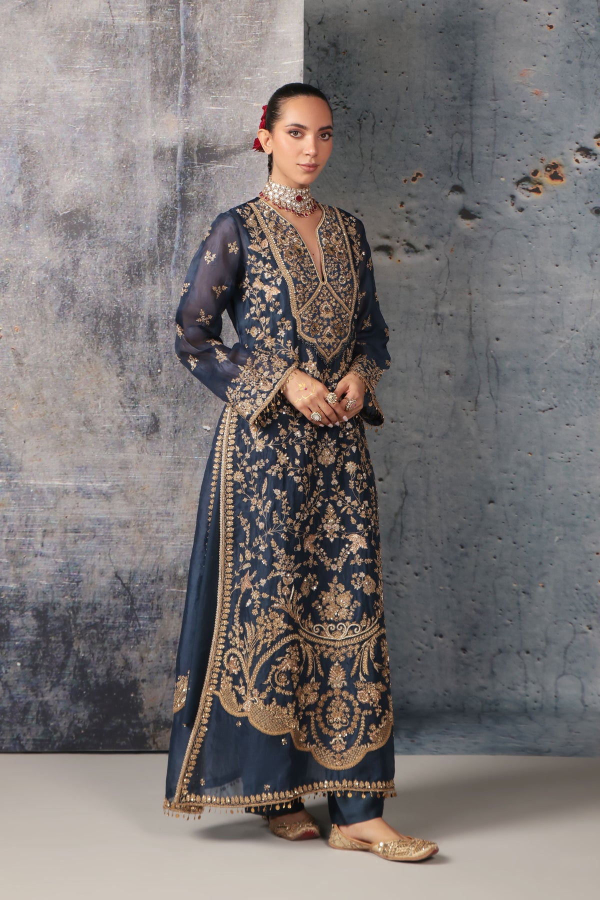 Blue Long Jaal Kurta Set