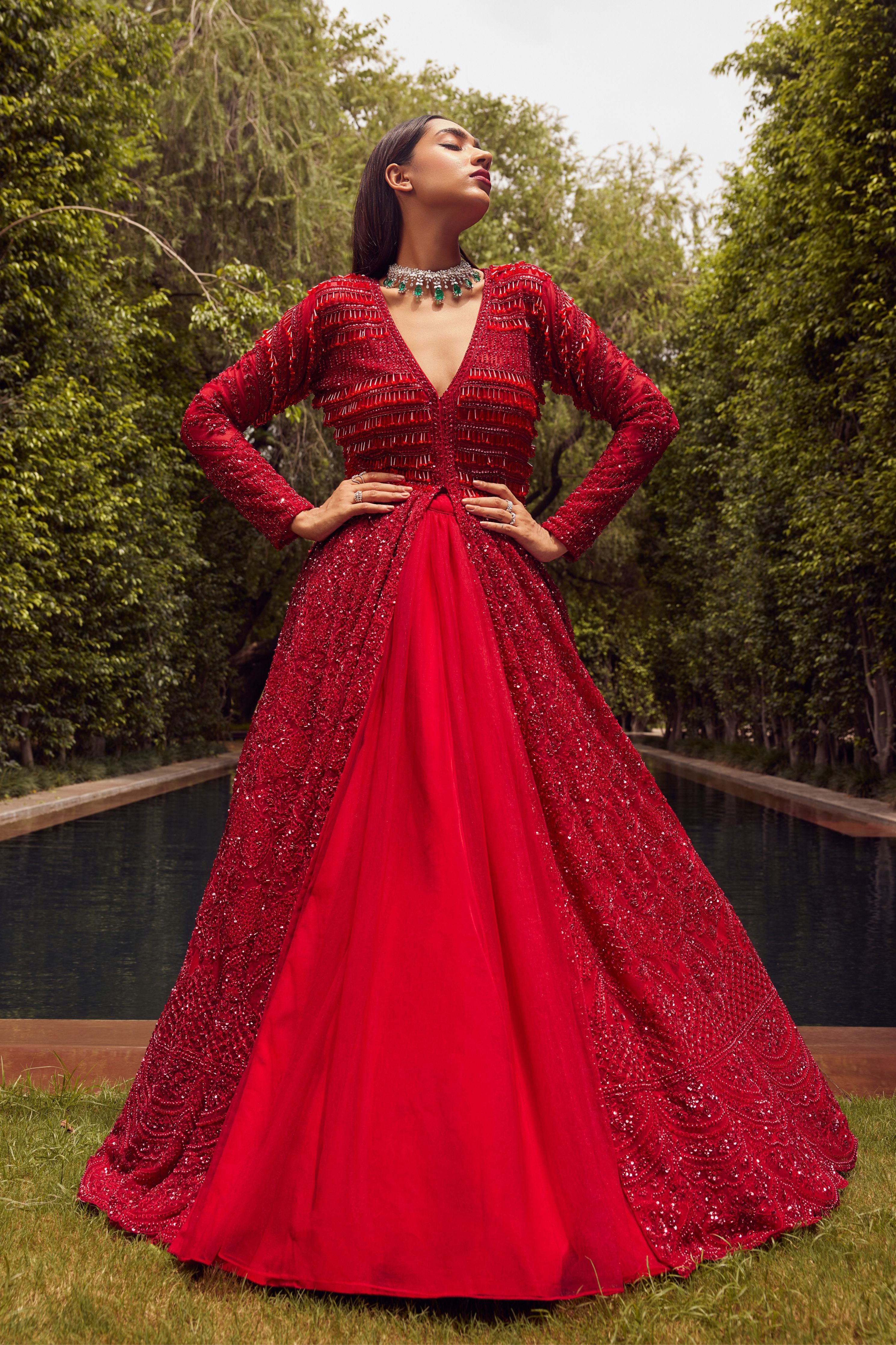 Istya - Red Jacket Gown With Net Skirt L Istya - Red Jacket Gown With Net Skirt L