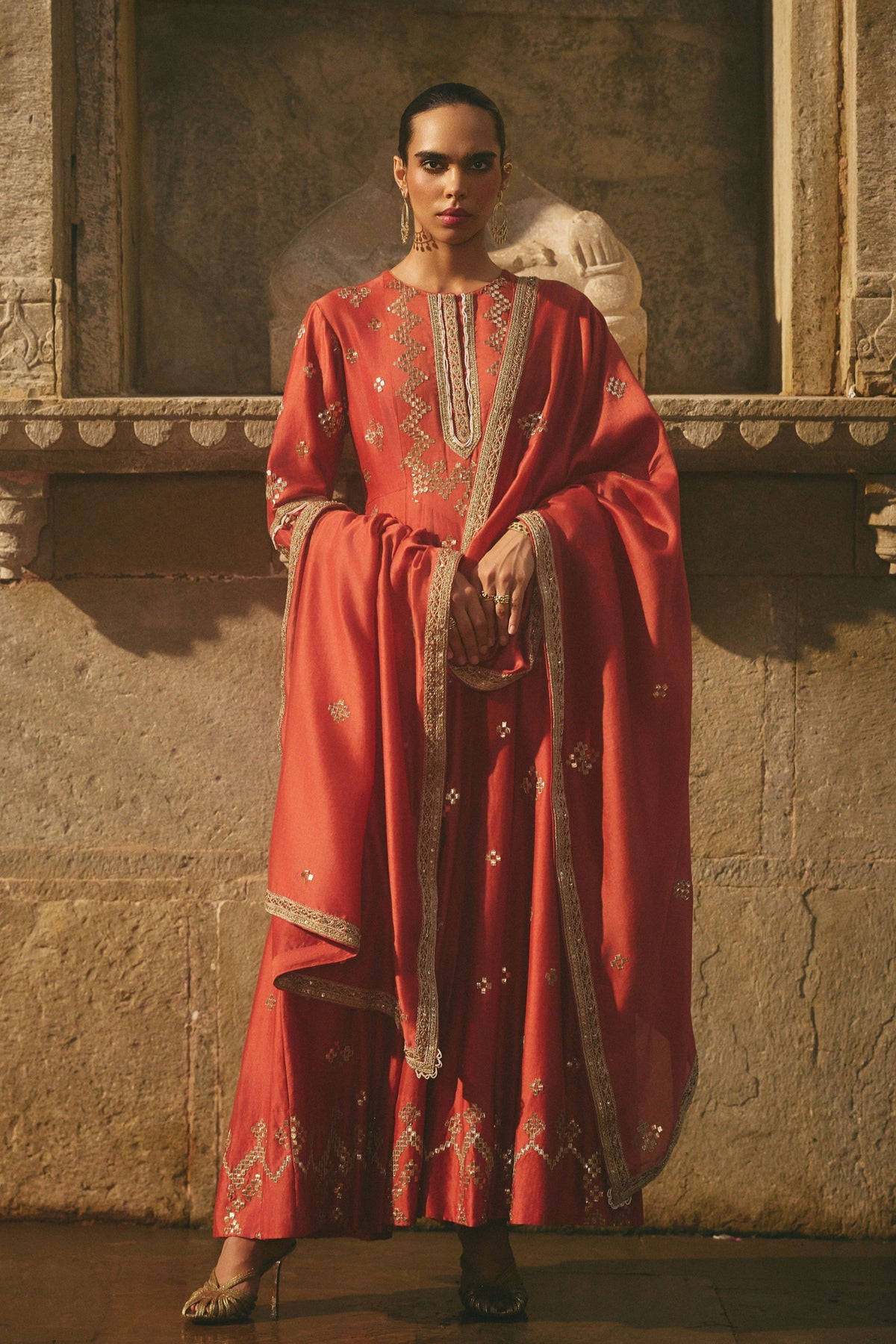Red Copper Gota Anarkali Set