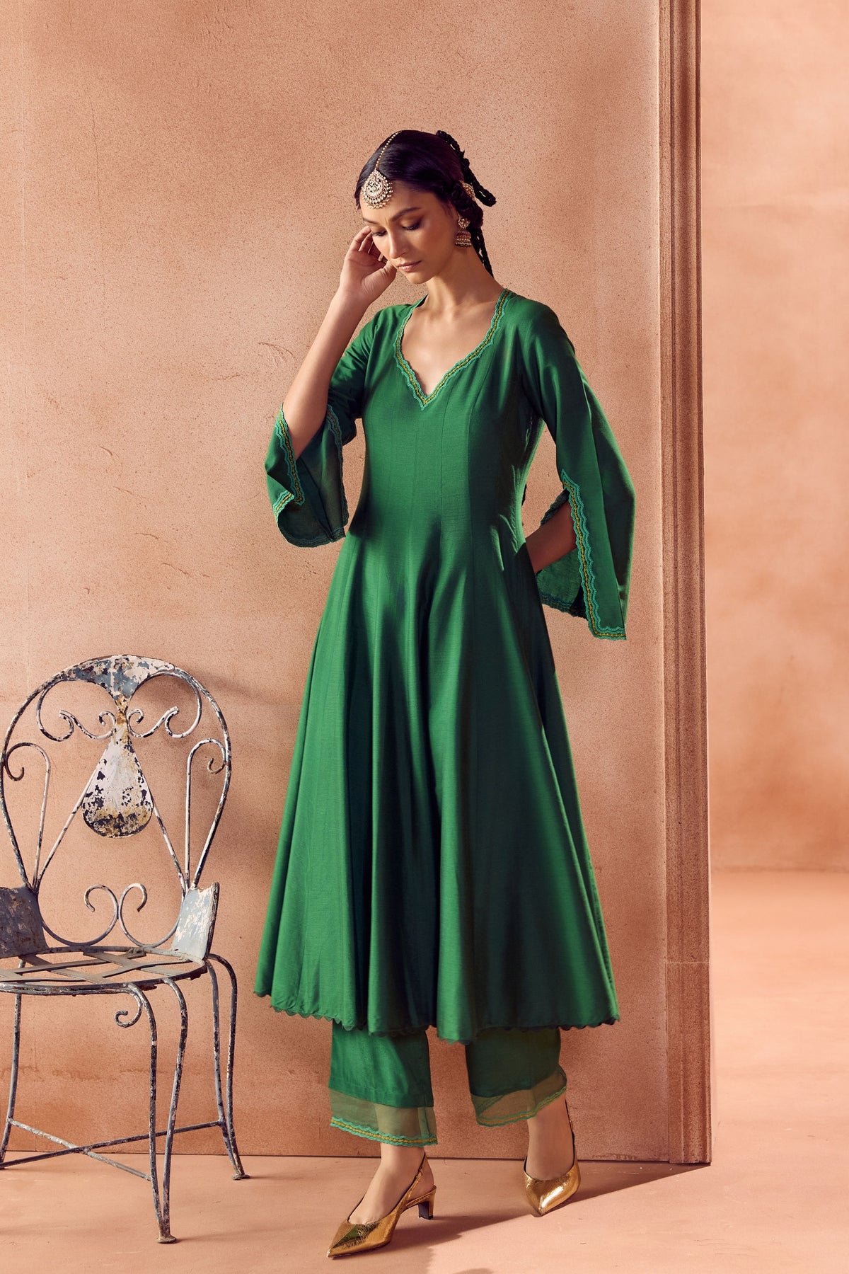 Green Floral Anarkali Set