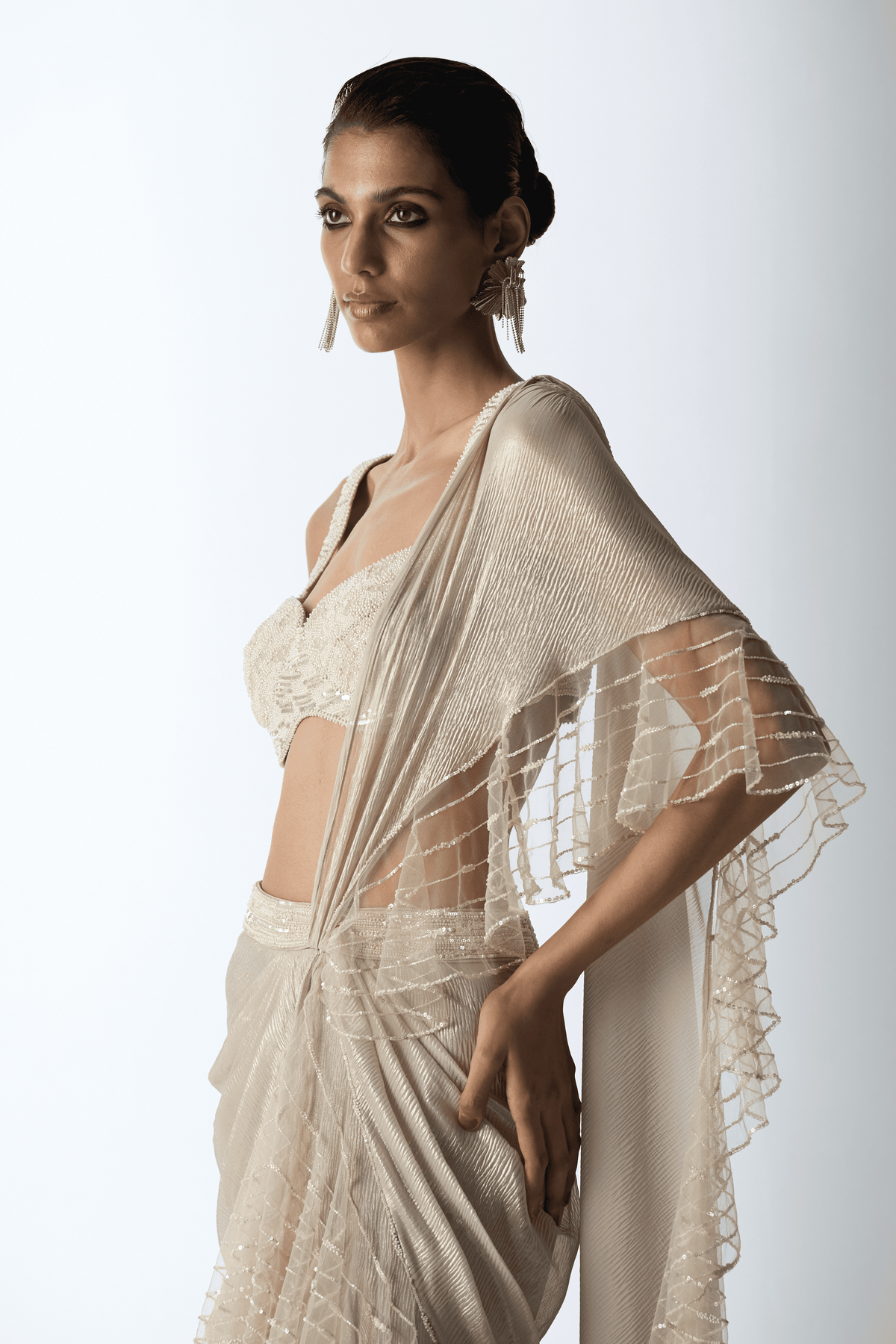 Pearl Ivory Island Frill Saree Set