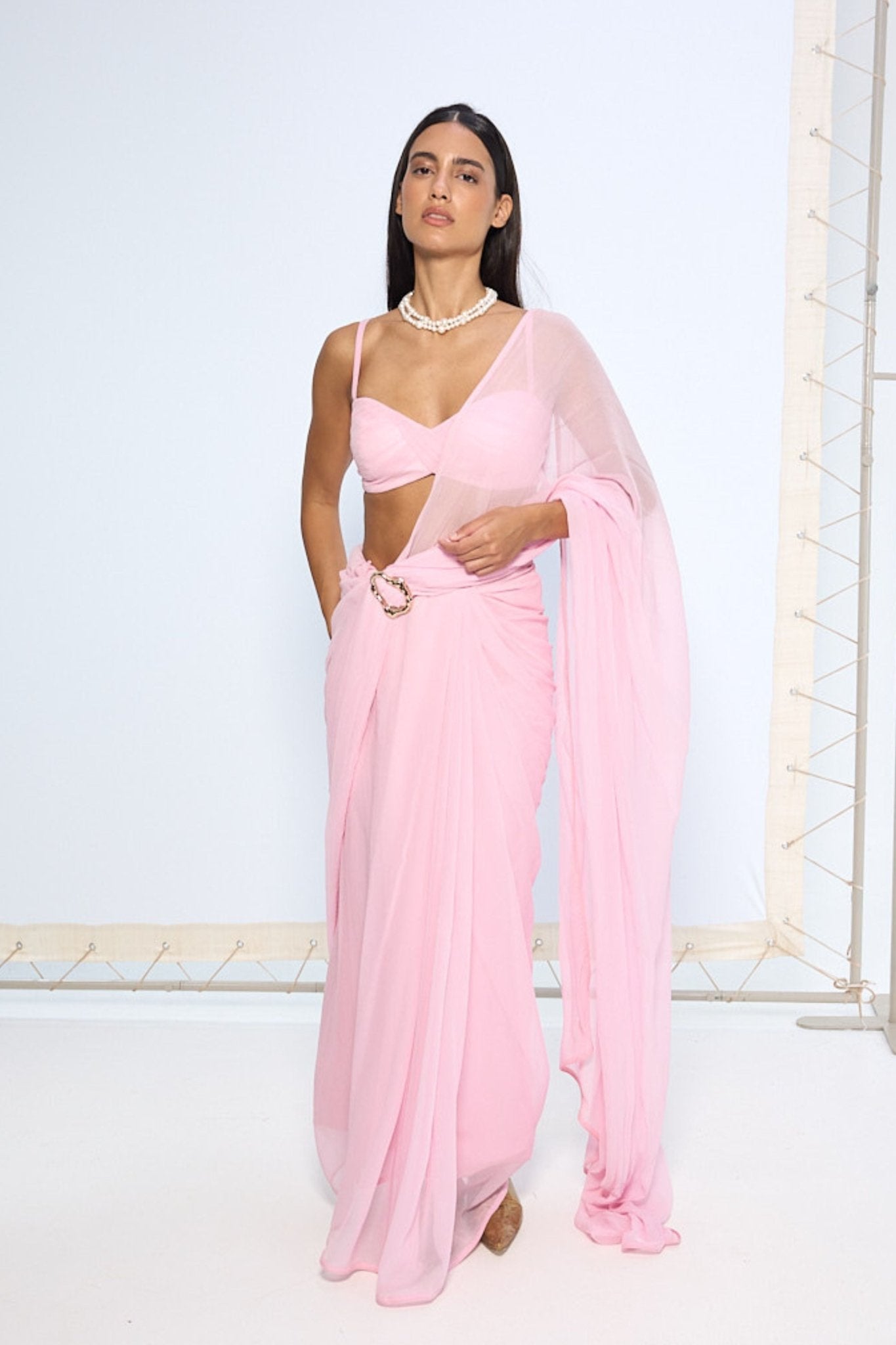 Blush Pink Brooch Saree - Ekaya - Elahe