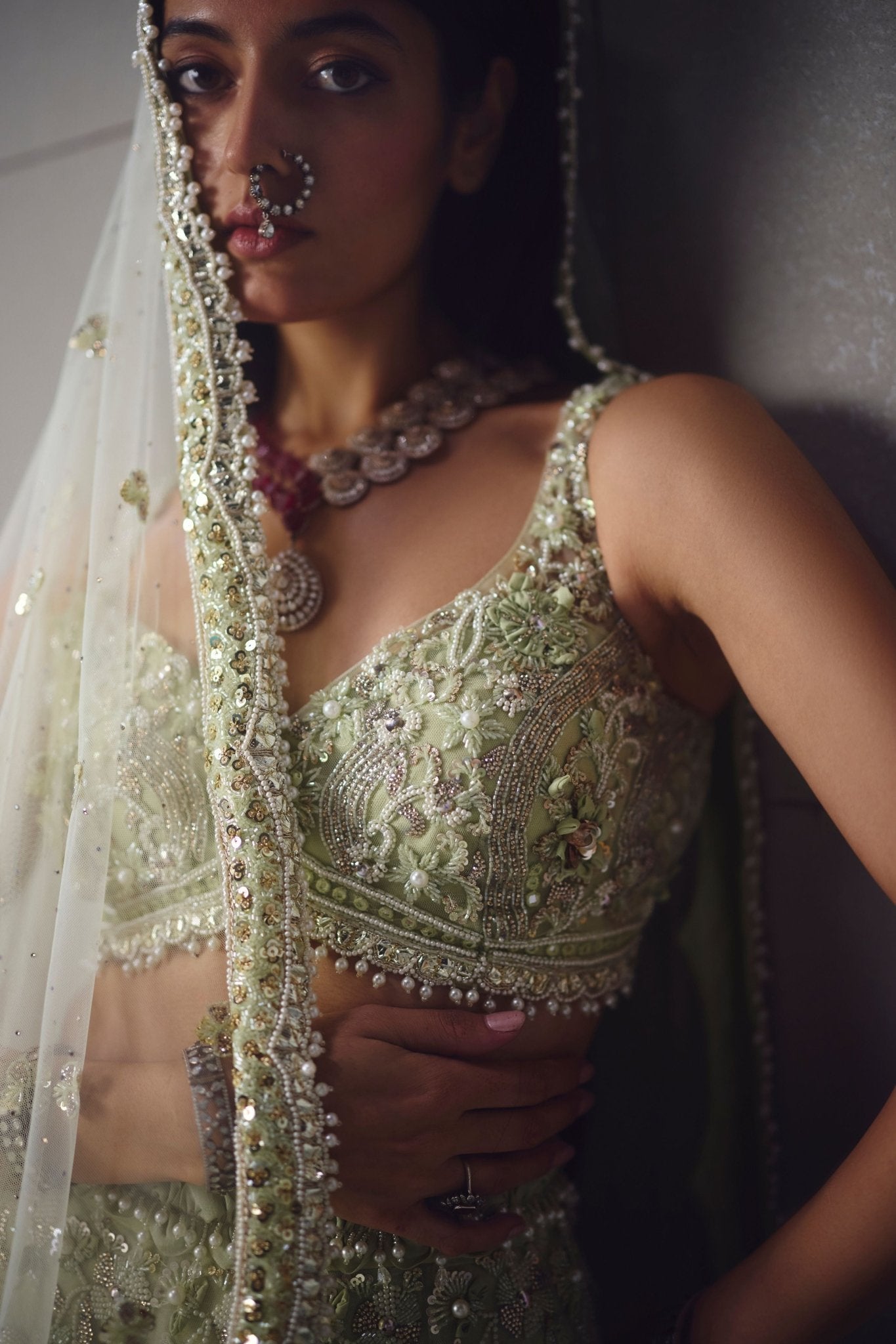Sage Green Embellished Lehenga Set - Awigna - Elahe