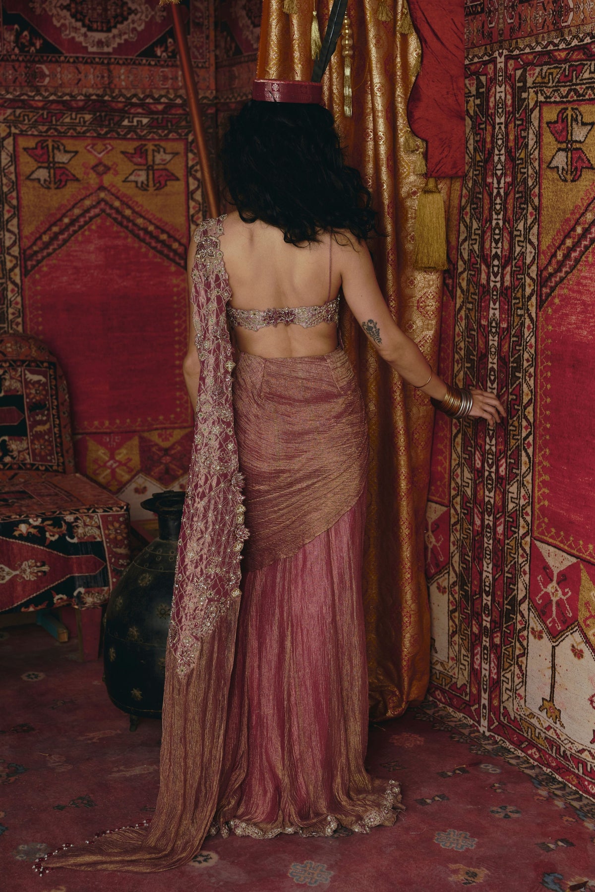 Blush Pink Drape Saree Set
