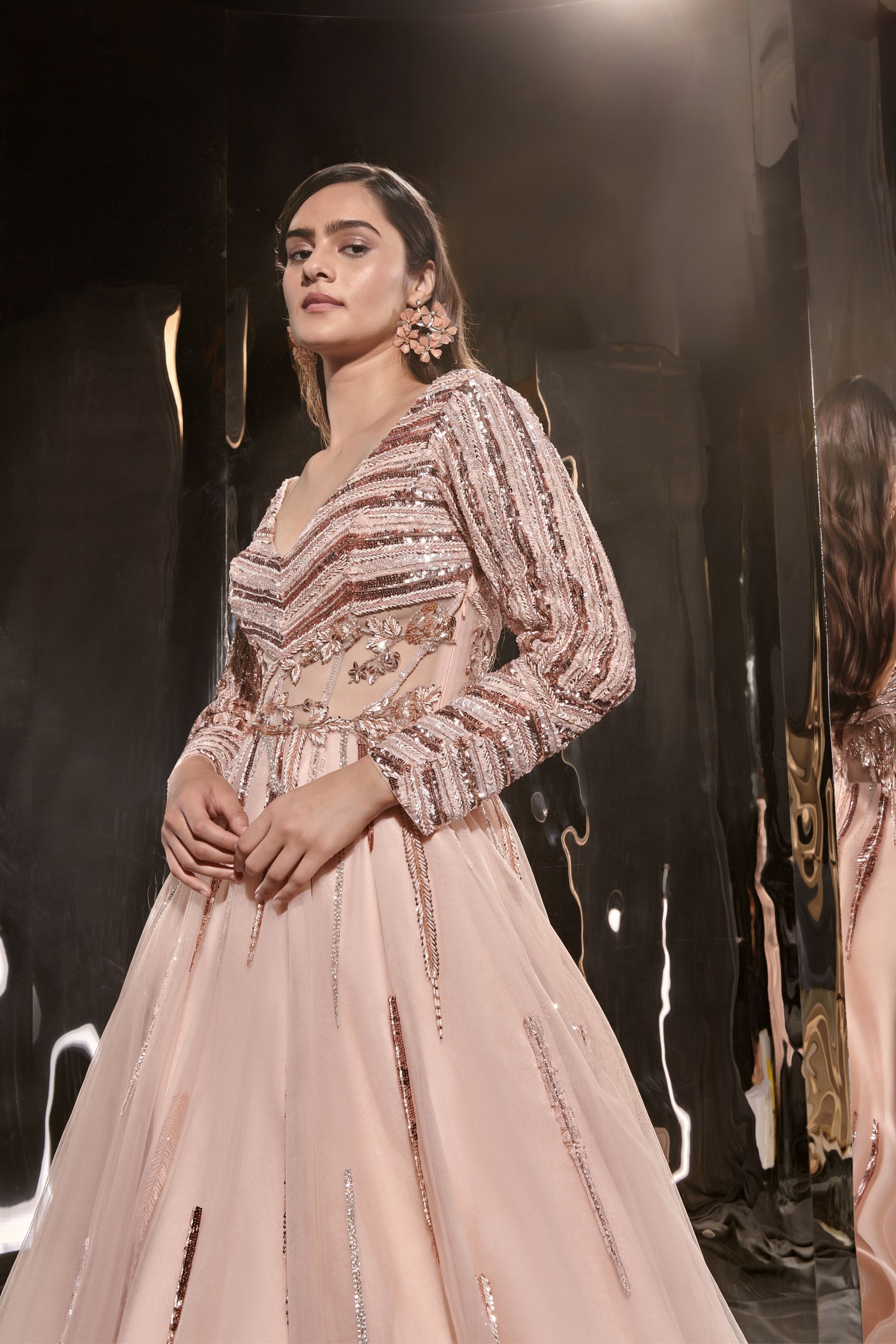 Masumi Mewawalla - Nude Embroidered Gown in Net - Elahe Masumi Mewawalla - Nude Embroidered Gown in Net - Elahe