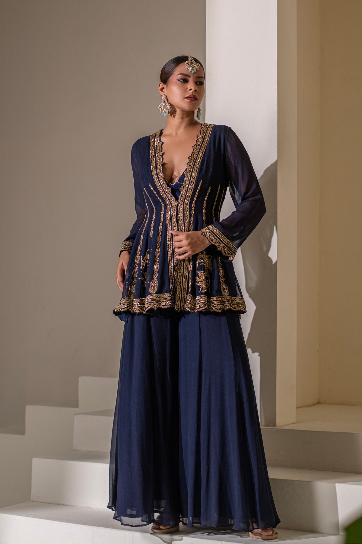 Blue Embellished Kalidar  Jacket Set