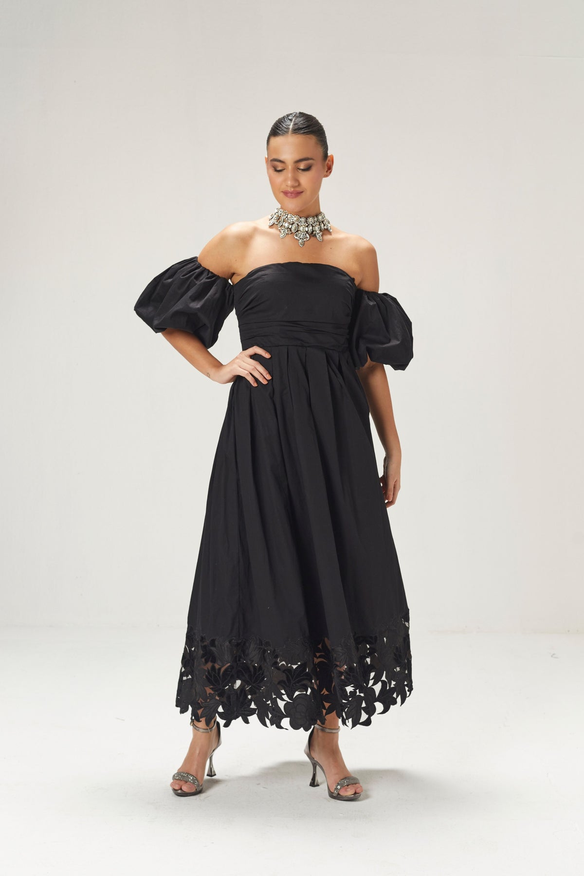Black Cutwork Off Shoulder Dress