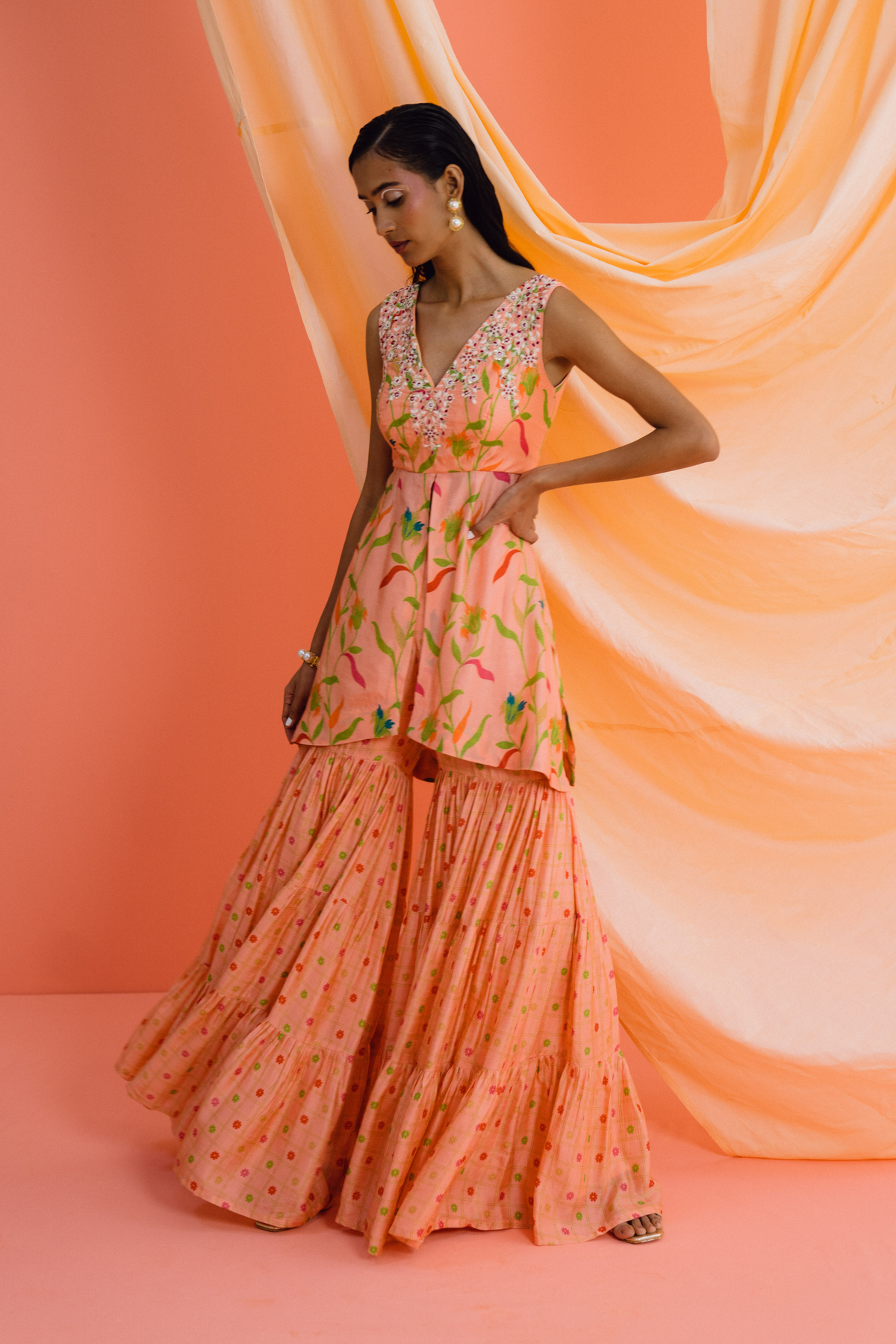 Peach Layered Sharara Set