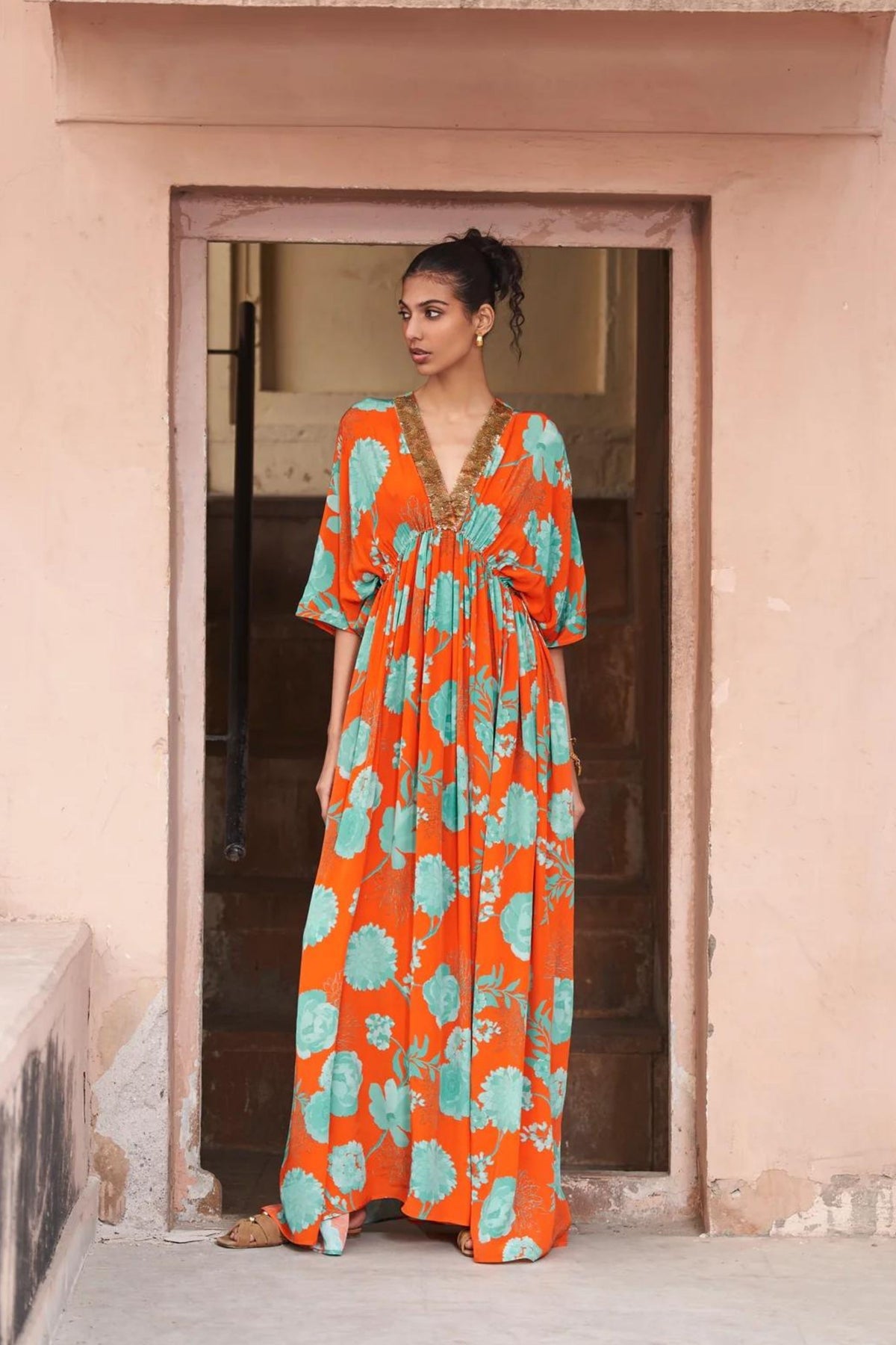 Orange Moroccan Neck Sequin Kaftan