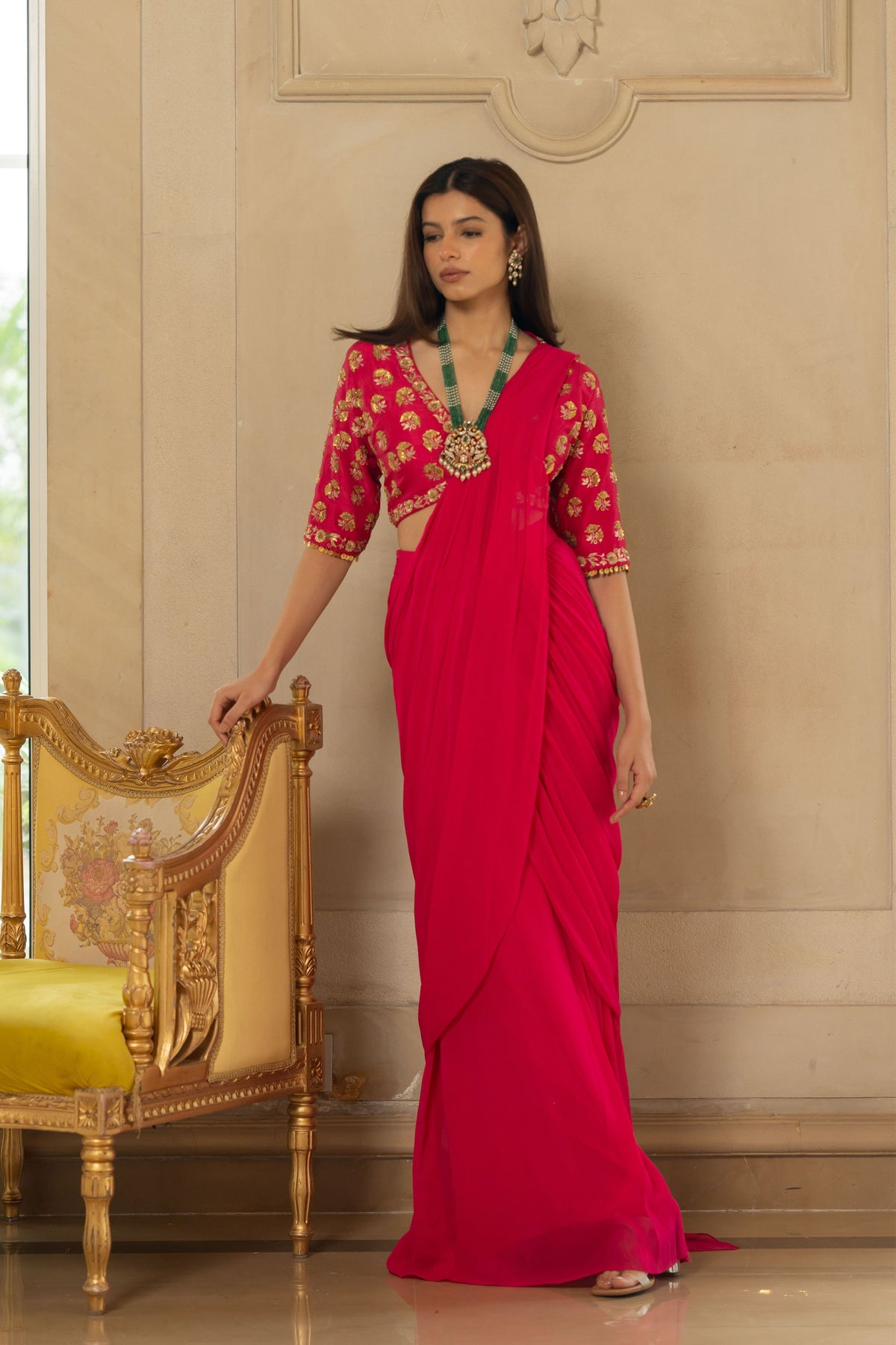 Rani Pink Antique Embroidered Sari Set