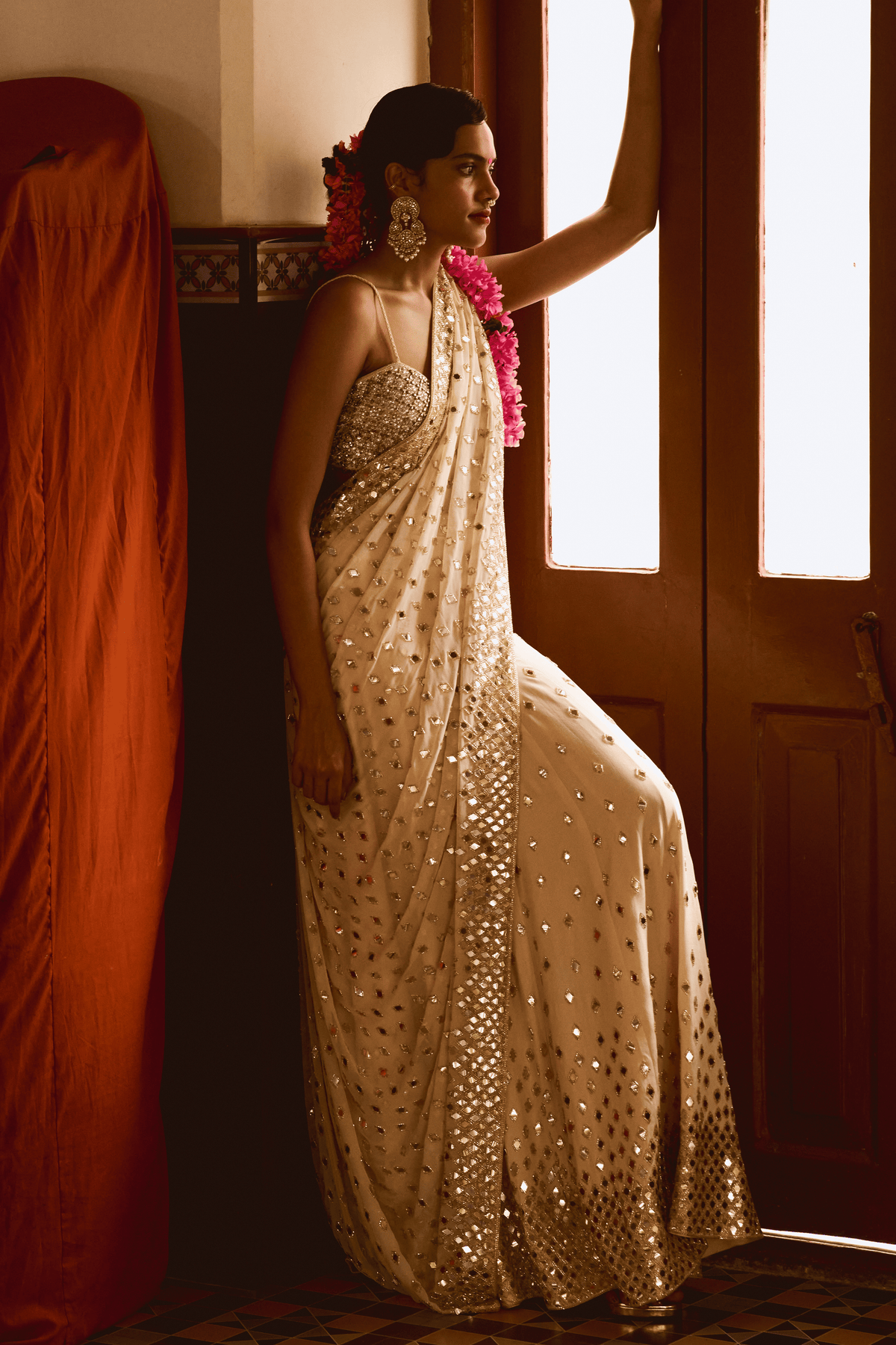 Beige Sequin Lehenga Saree With Blouse