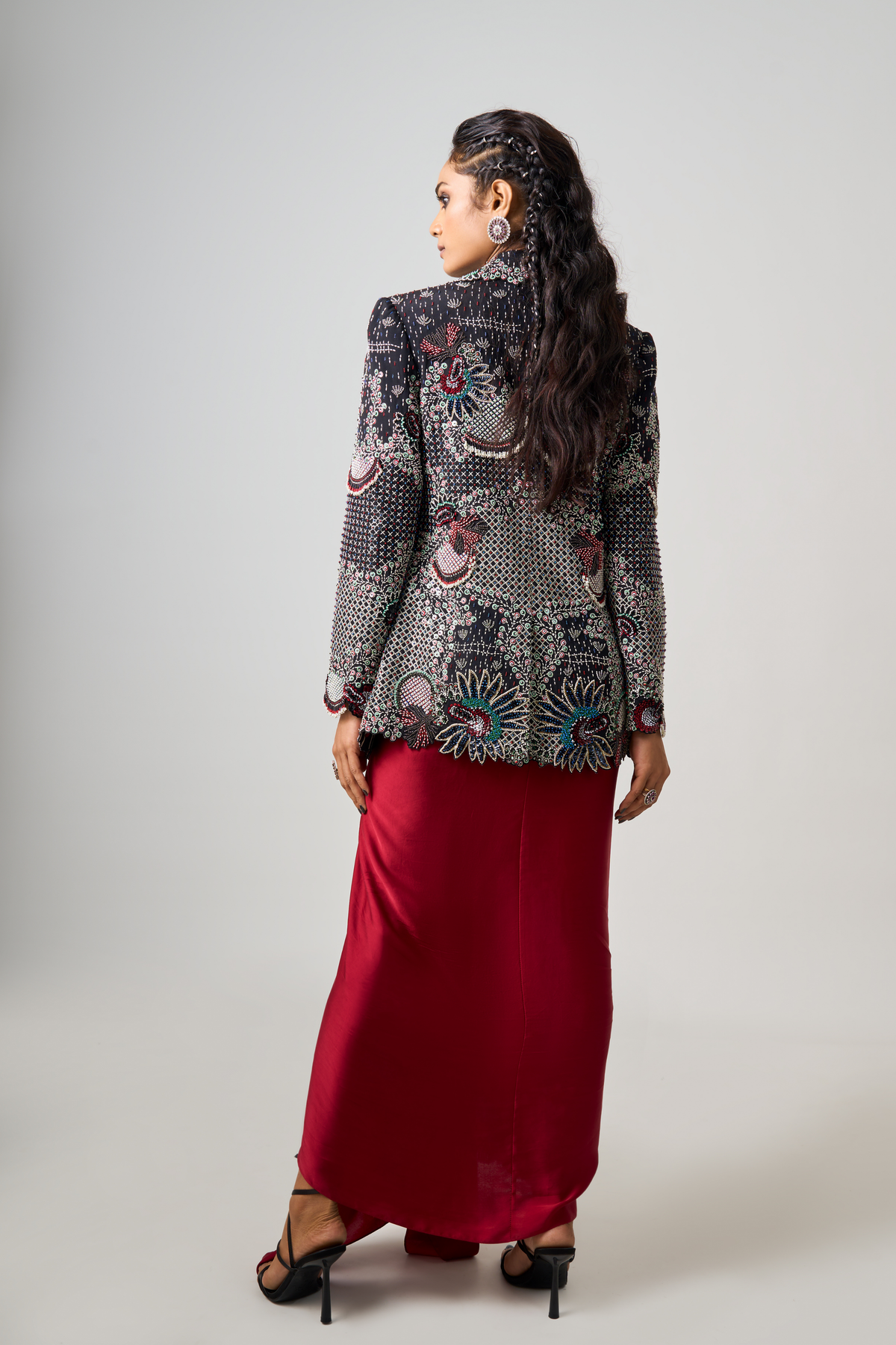 Embroidered Blazer With Burgundy Dress