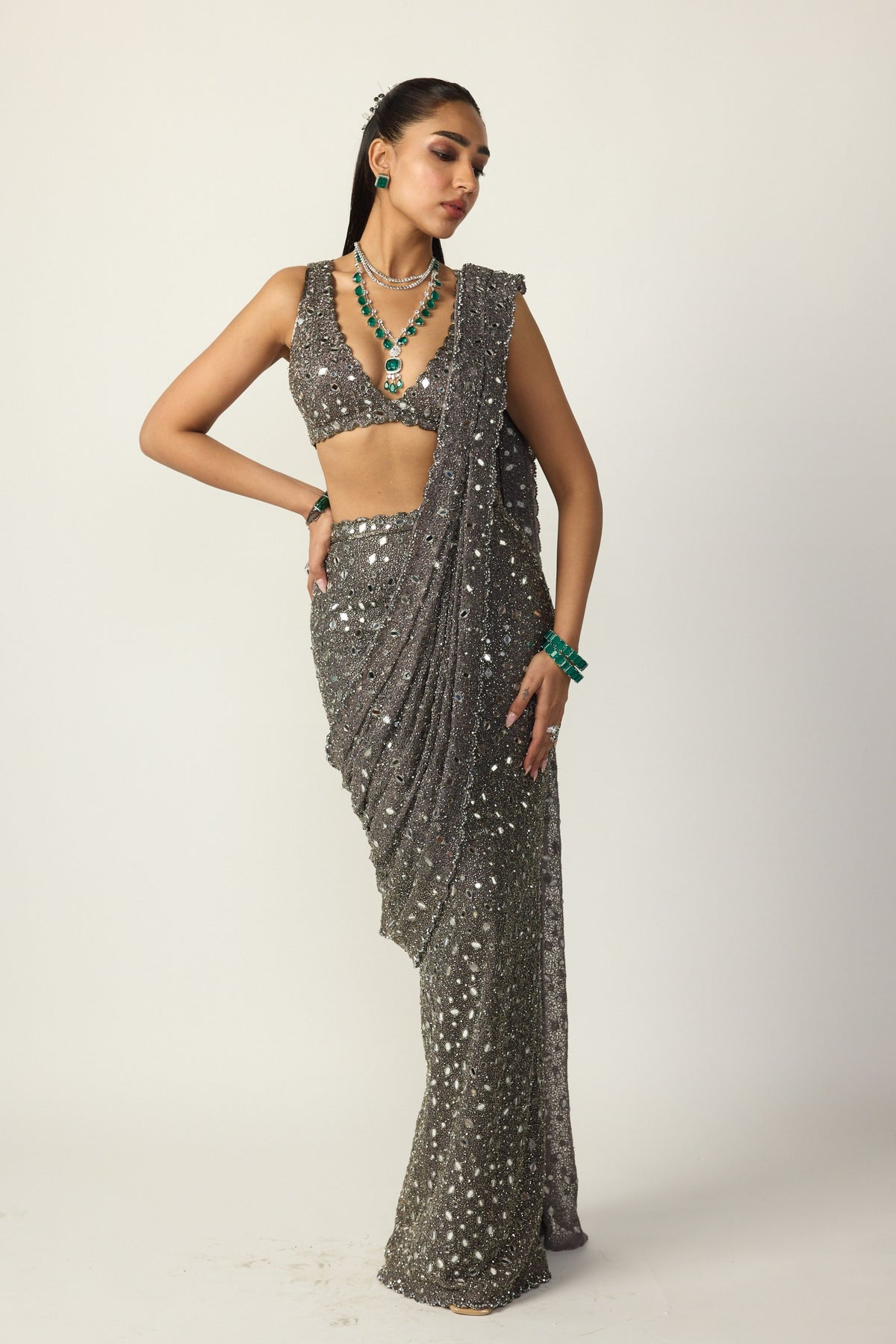 Metallic Grey Draped Saree Set