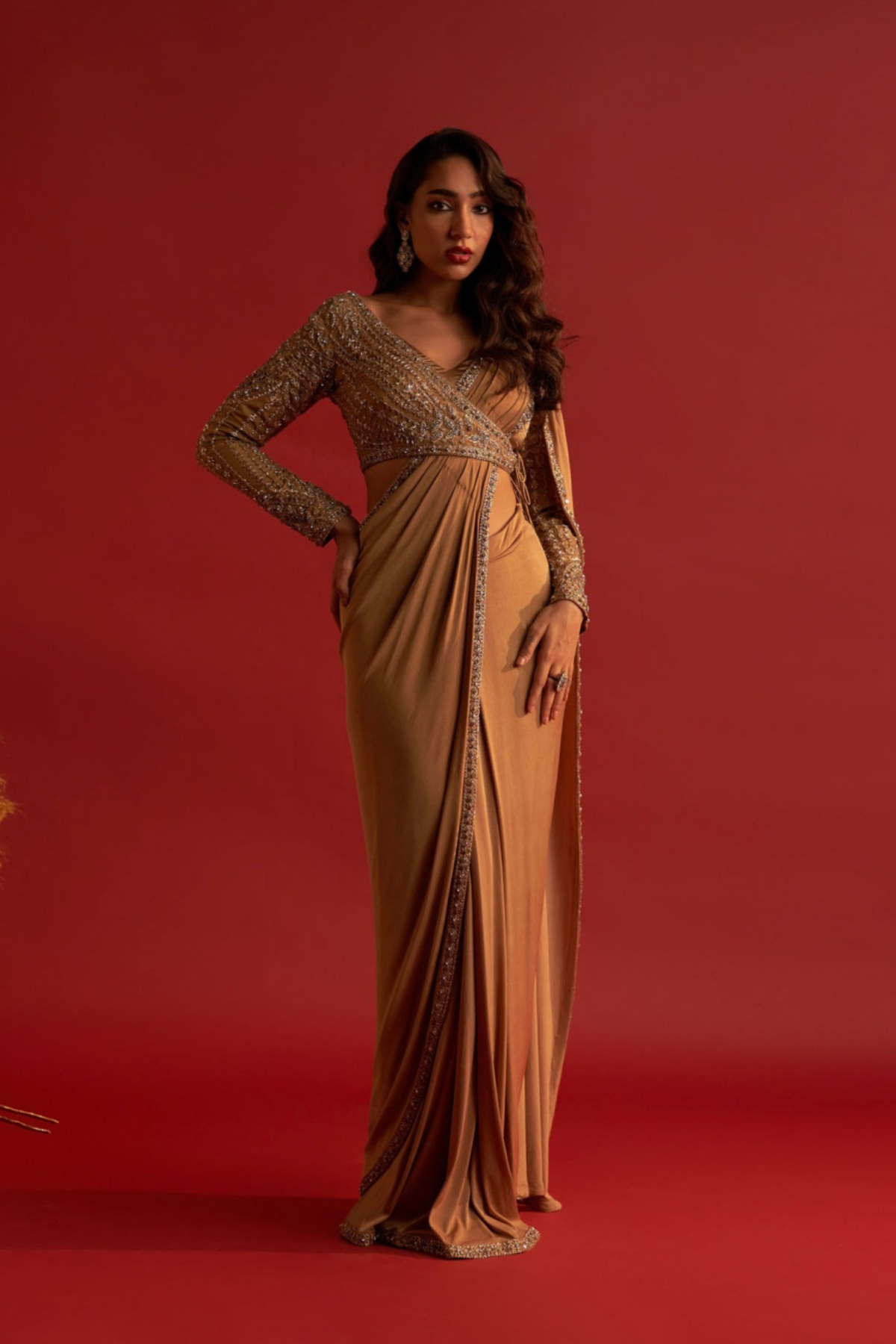 Caramel Gold Pre Stitched Saree