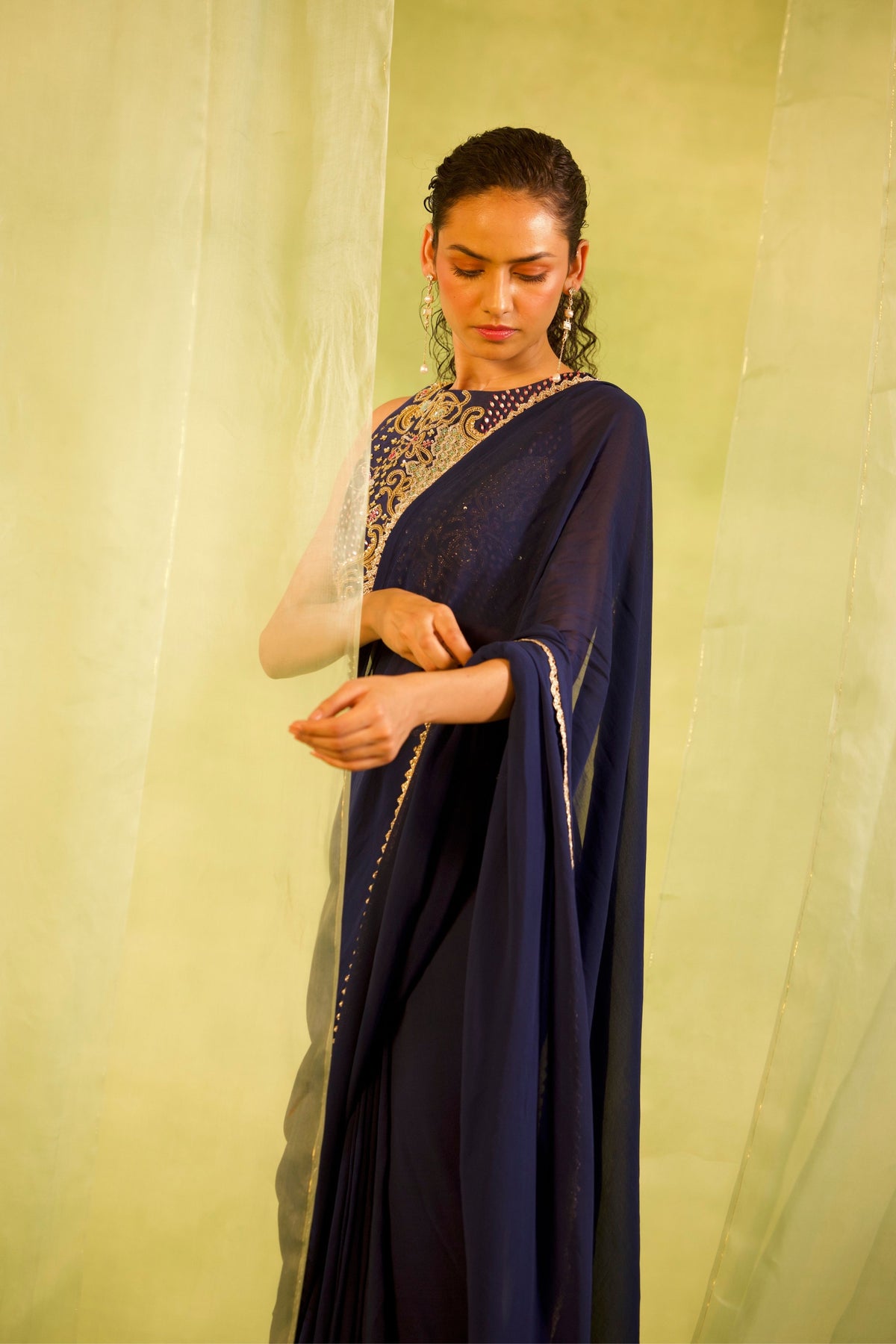 Navy Blue Embroidered Saree Set