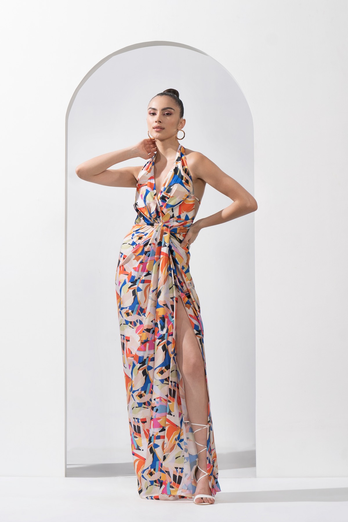 Abstract Geo Printed Draped Halter Neck Dress