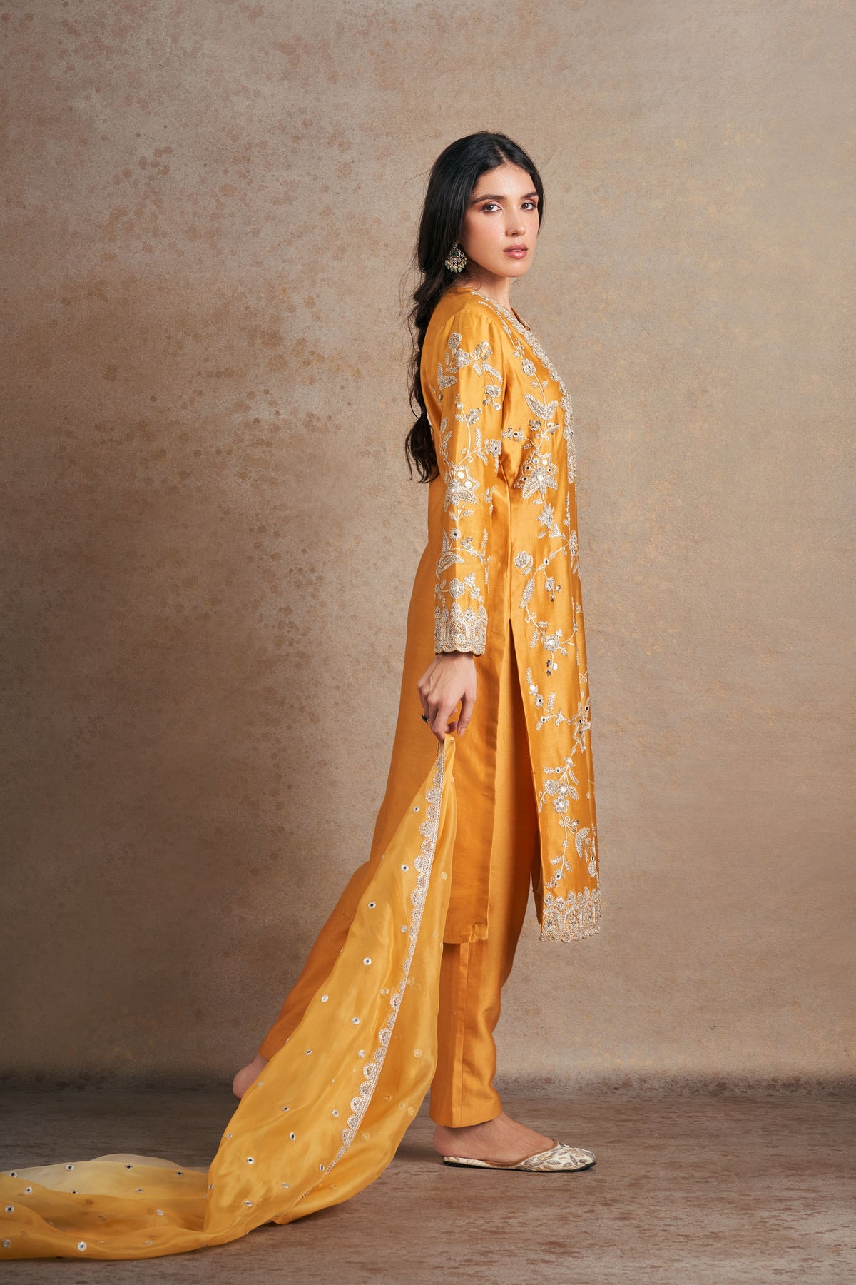 Mustard Pearl Work Kurta Set