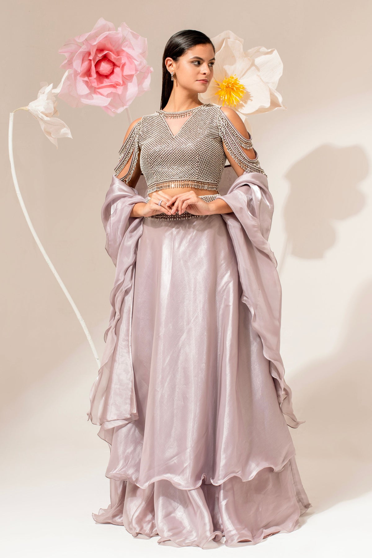 Silver Beaded Embroidered Lehenga Set