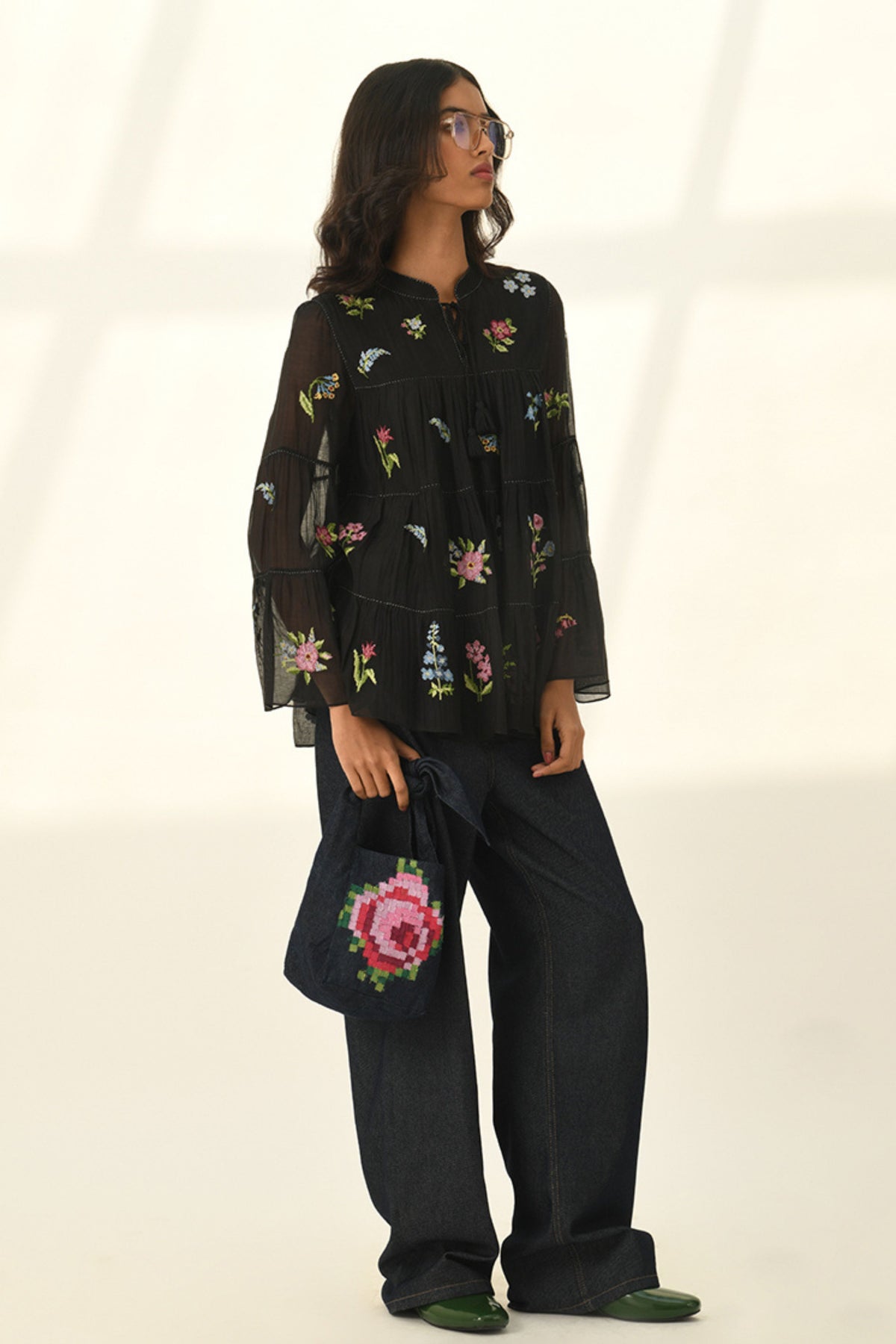 Black Baccara Tiered Embroidered Top