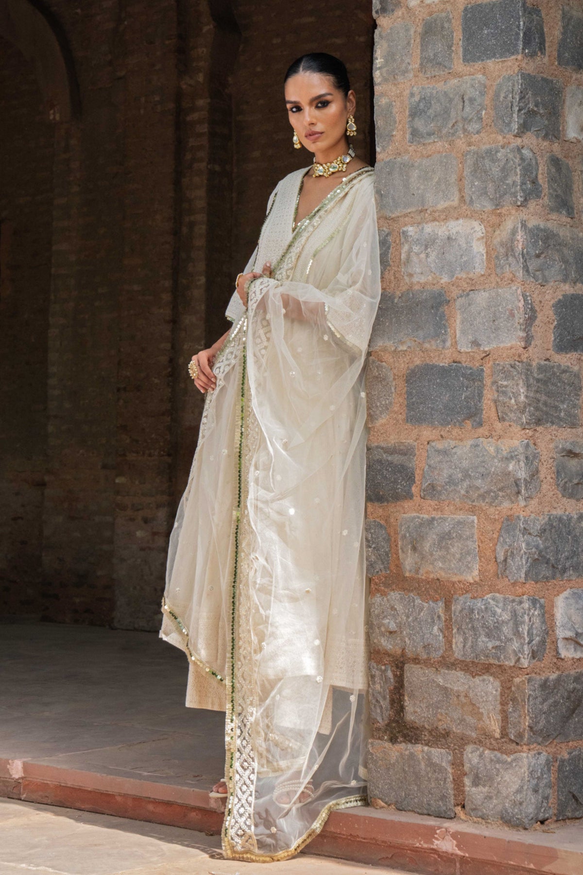 Off White Big Border Anarkali Set