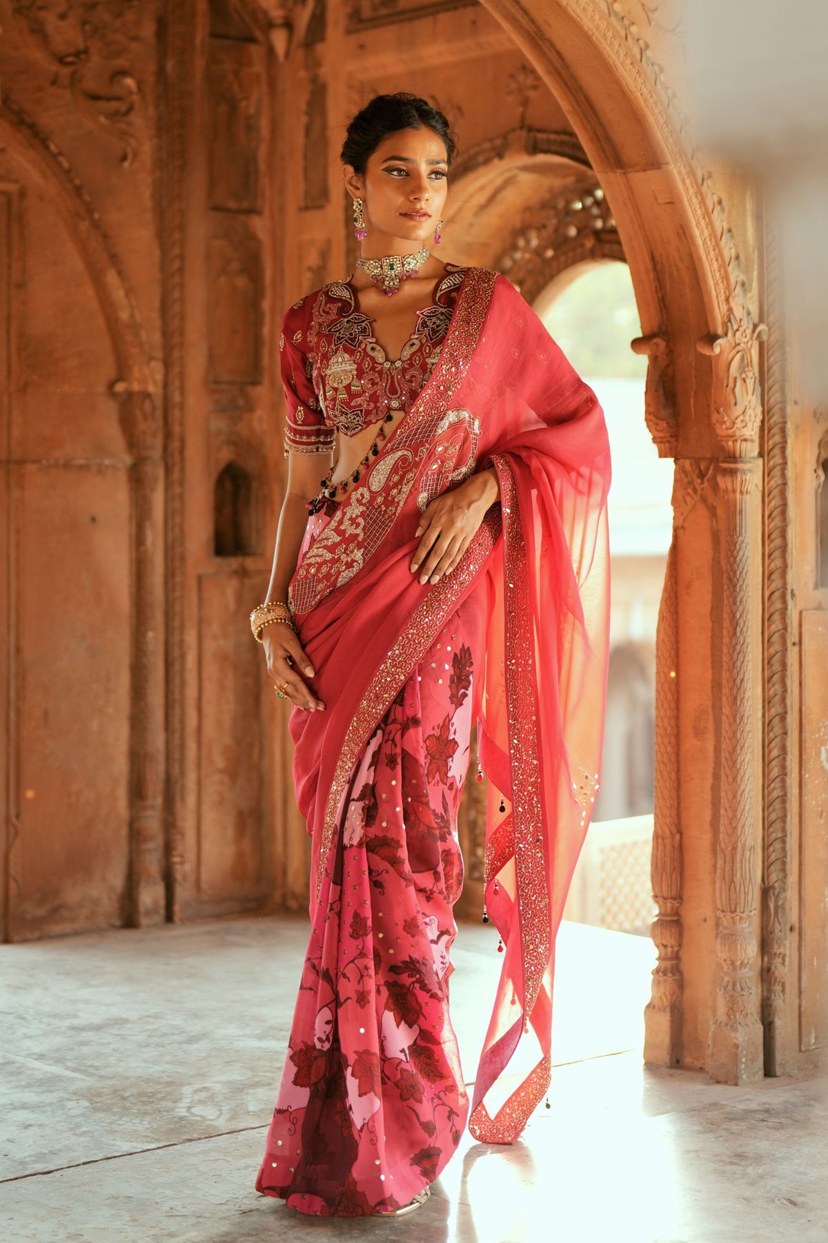 Pink Organza Embroidered Saree Set