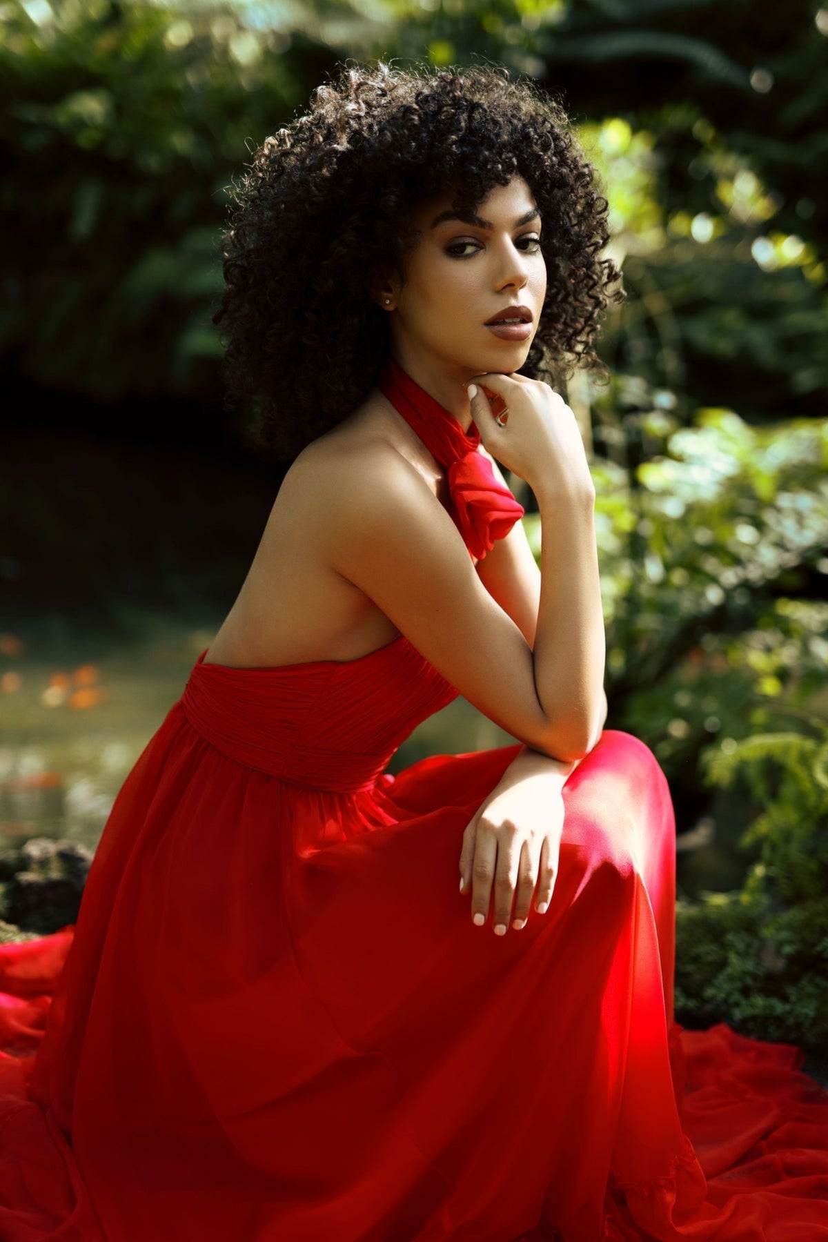 Red Asymmetrical Halter Gown
