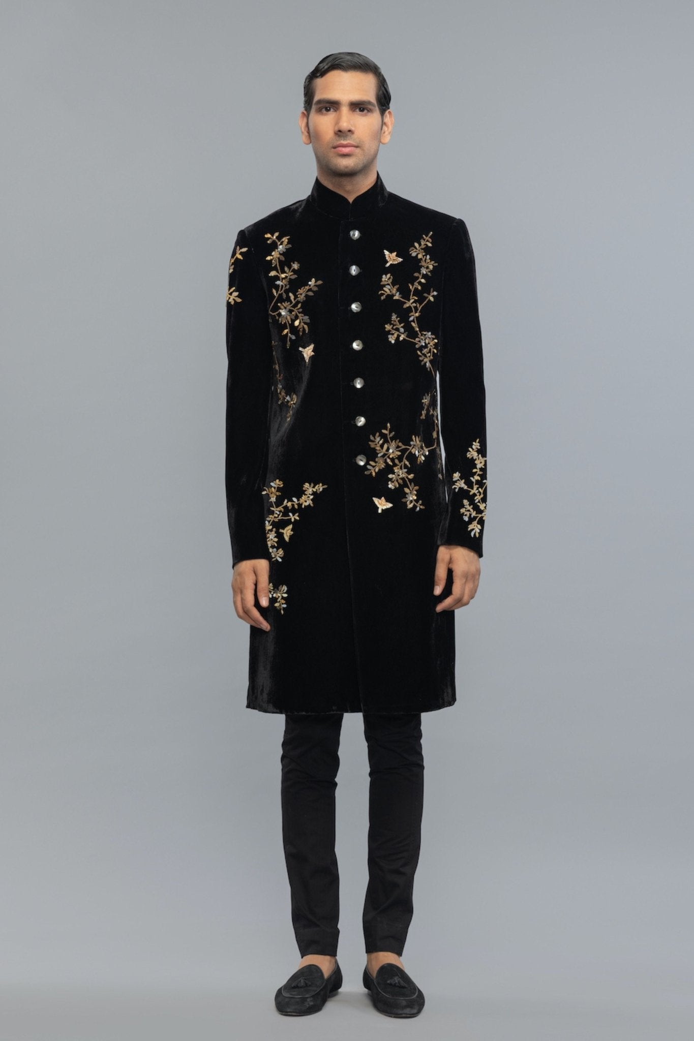 Velvet Sherwani In Black - Rohit Bal Menswear - Elahe