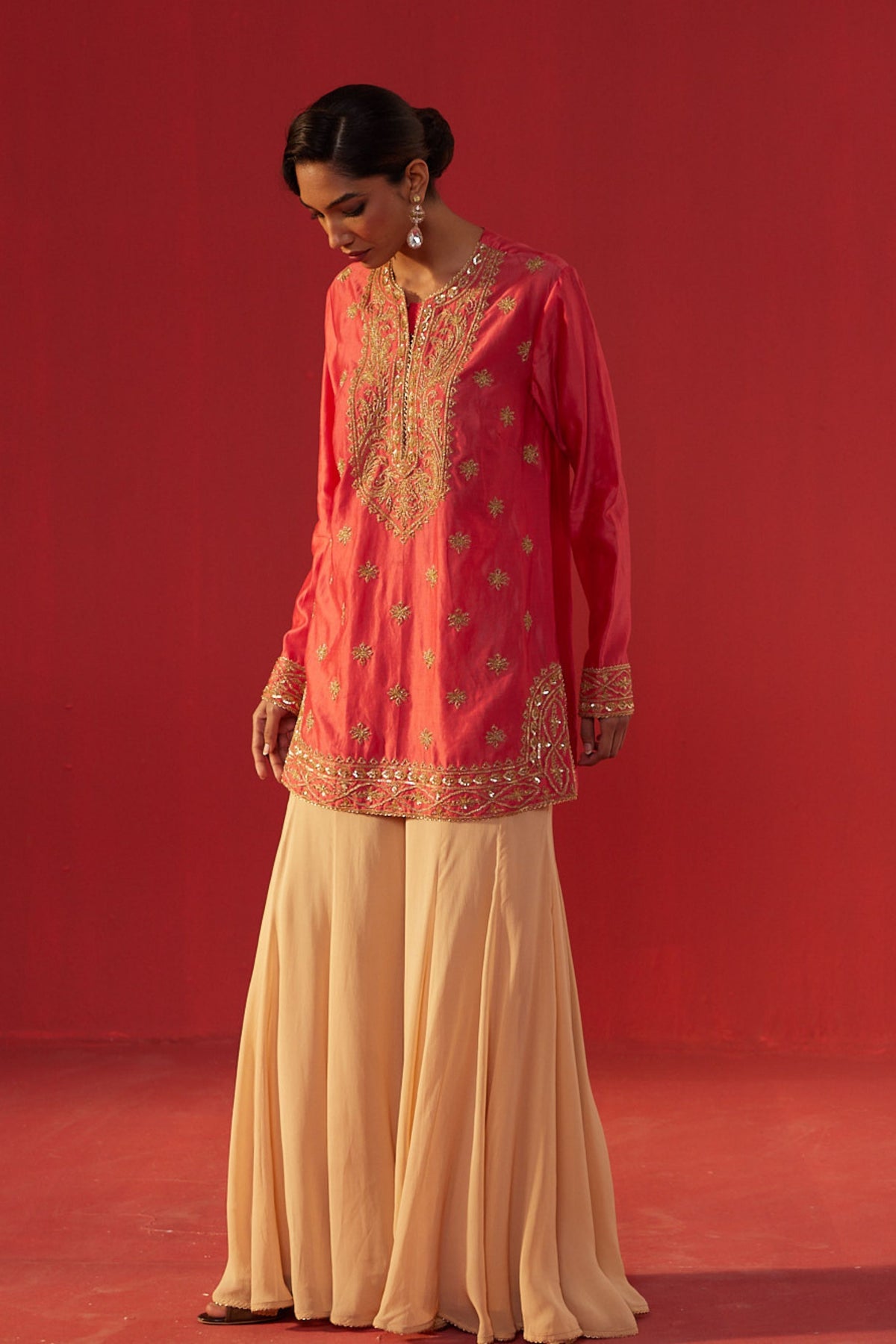 Peach Short Kurta Sharara Set