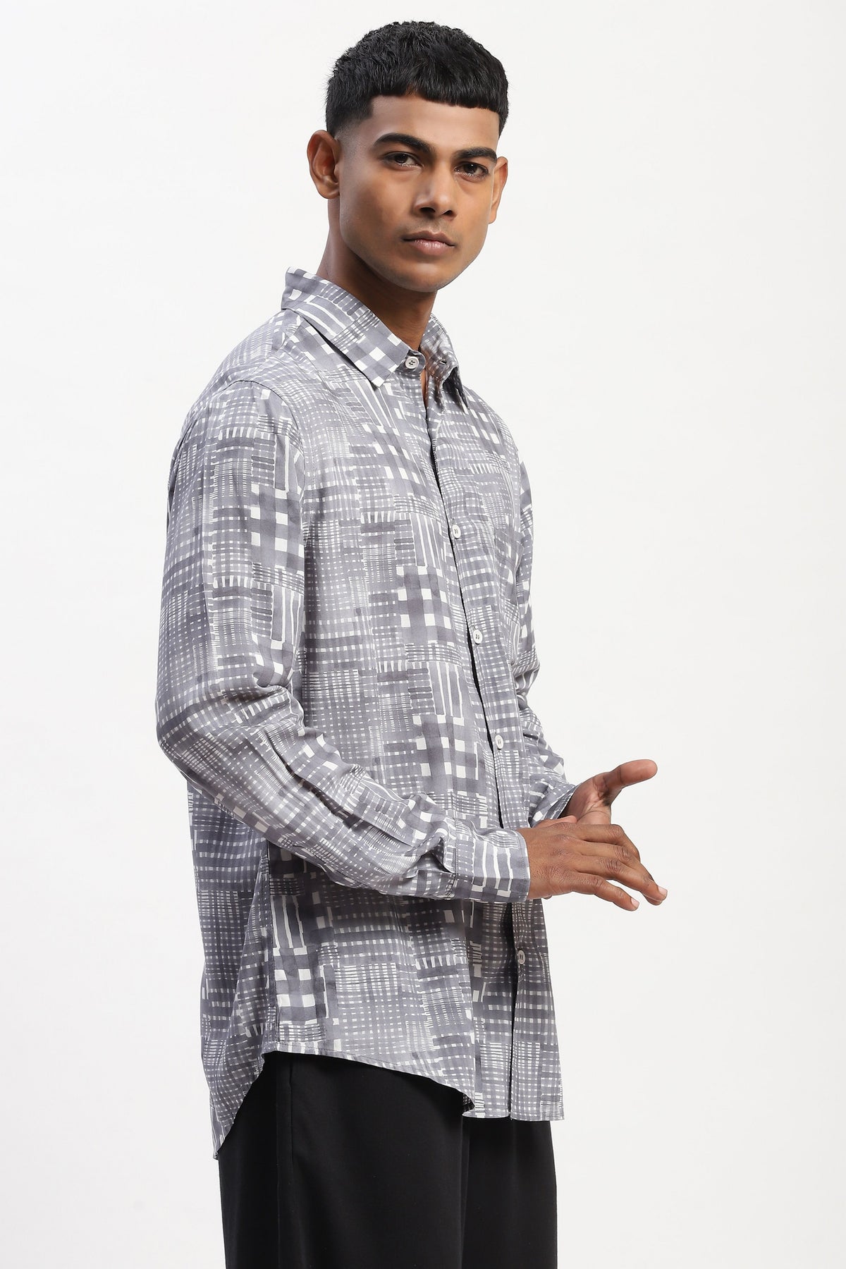 Grey Handpainted Checks Shirt