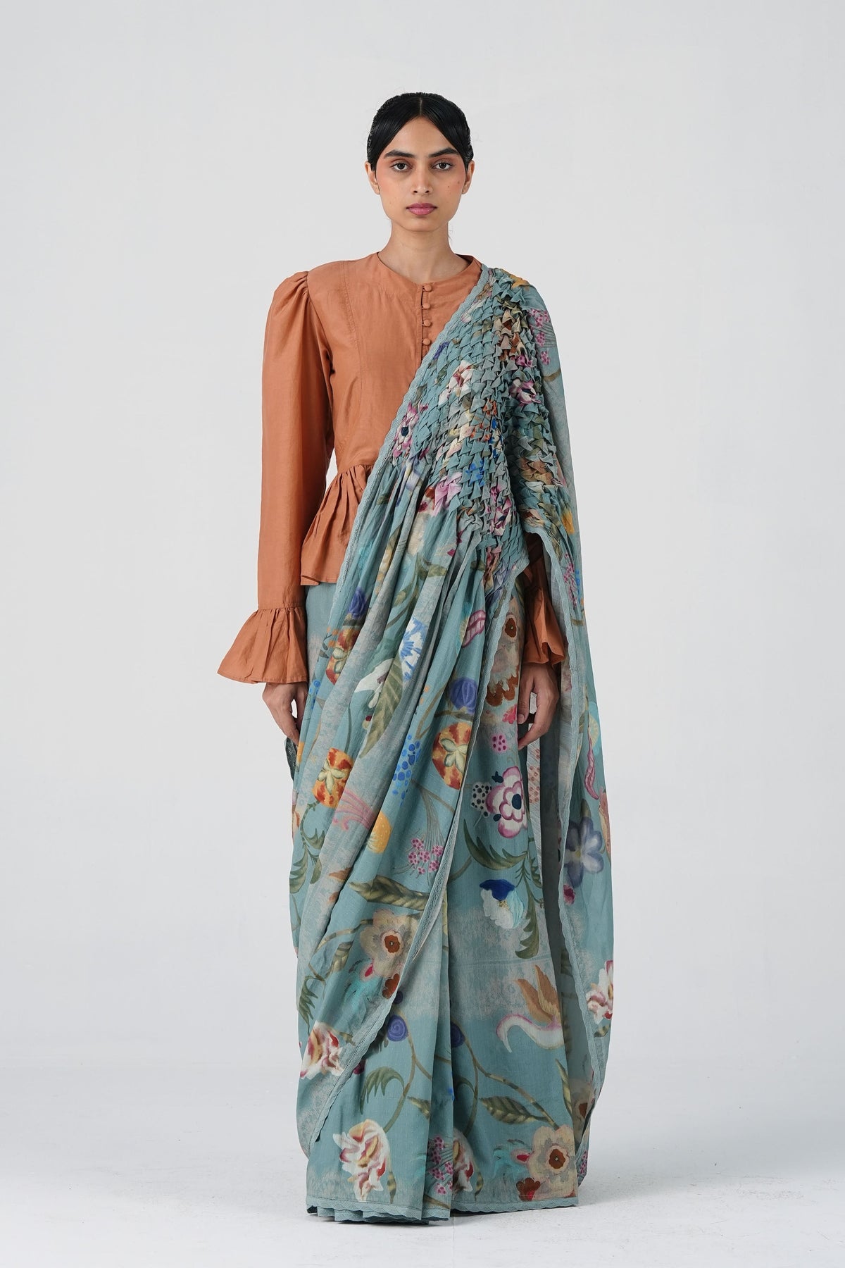 Smocked Blue Floral Saree