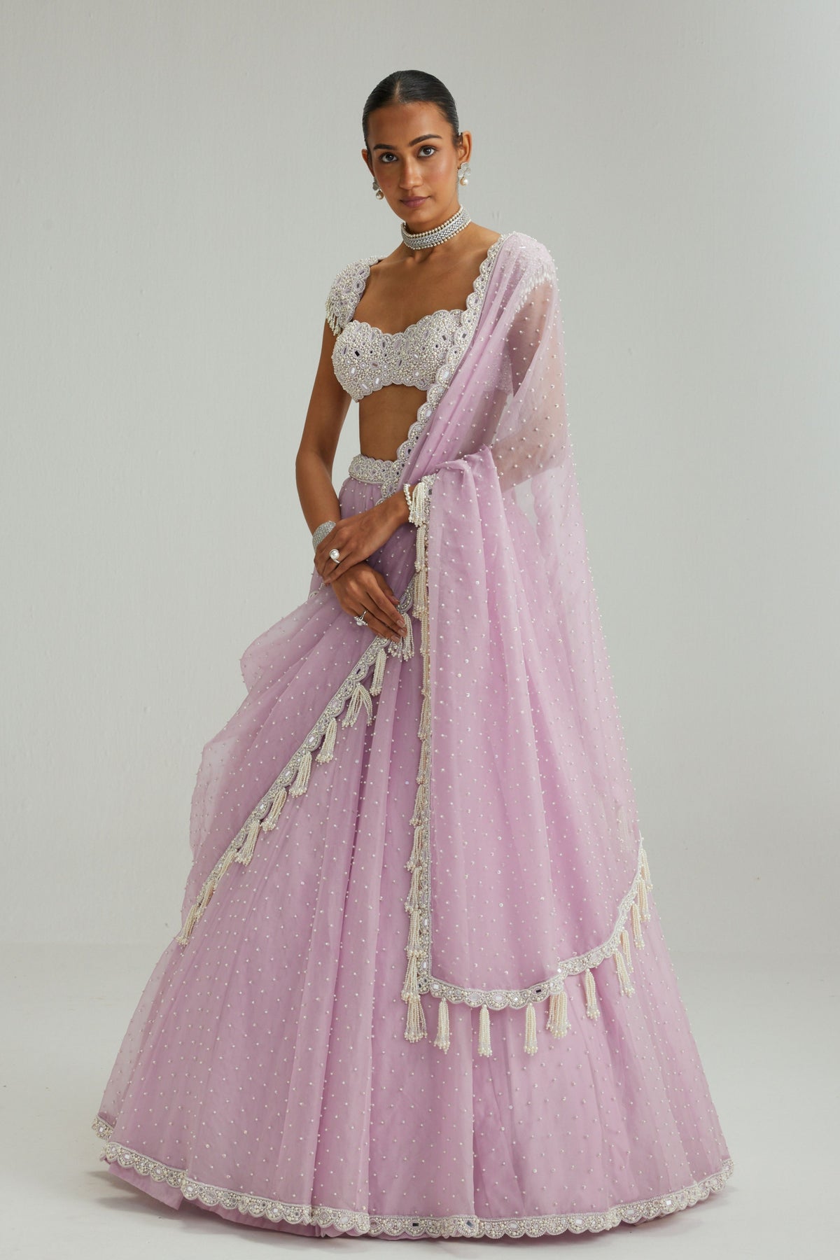 Lavender Mirror and Pearl Lehenga Set