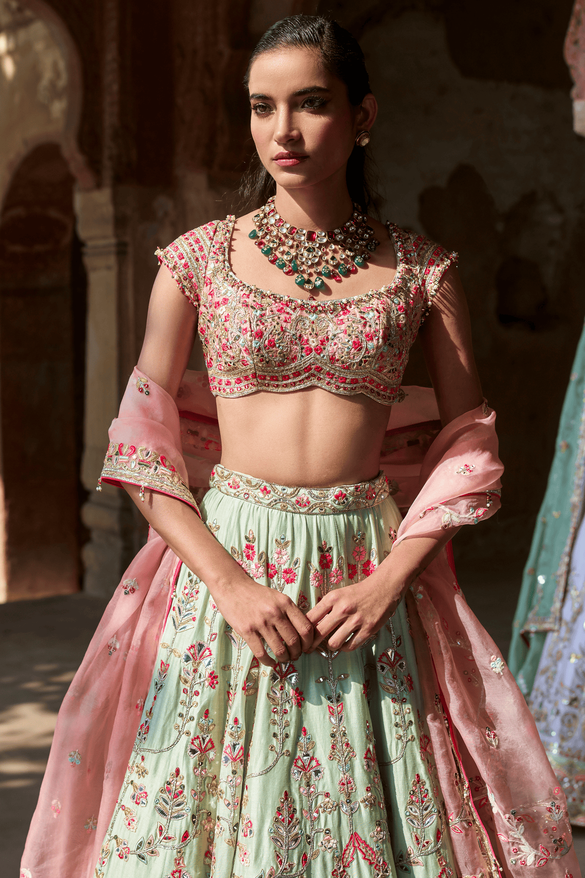Mint Green Chanderi Lehenga Set