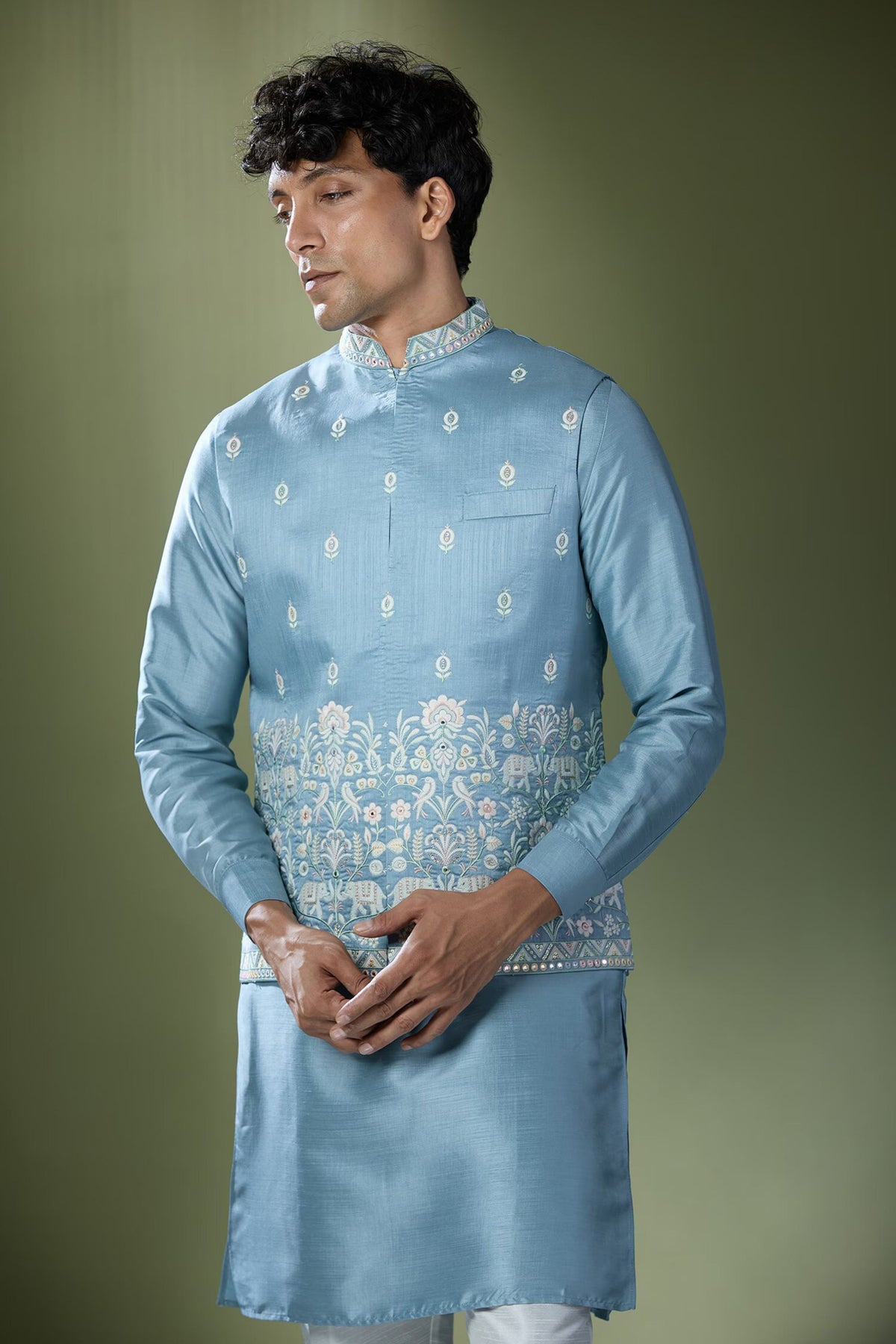 Blue Embroidered Nehru Jacket Set