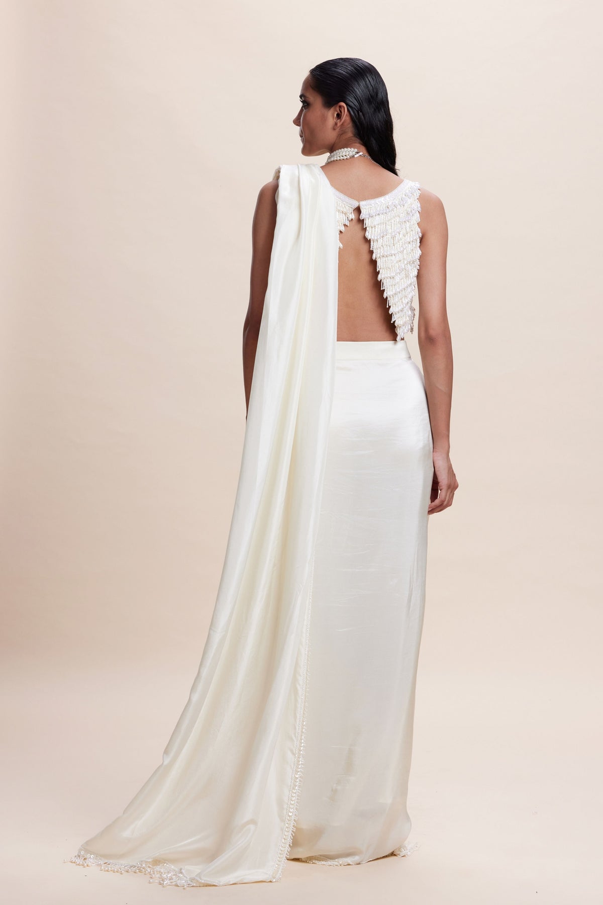 White Embellished Draped Saree Set