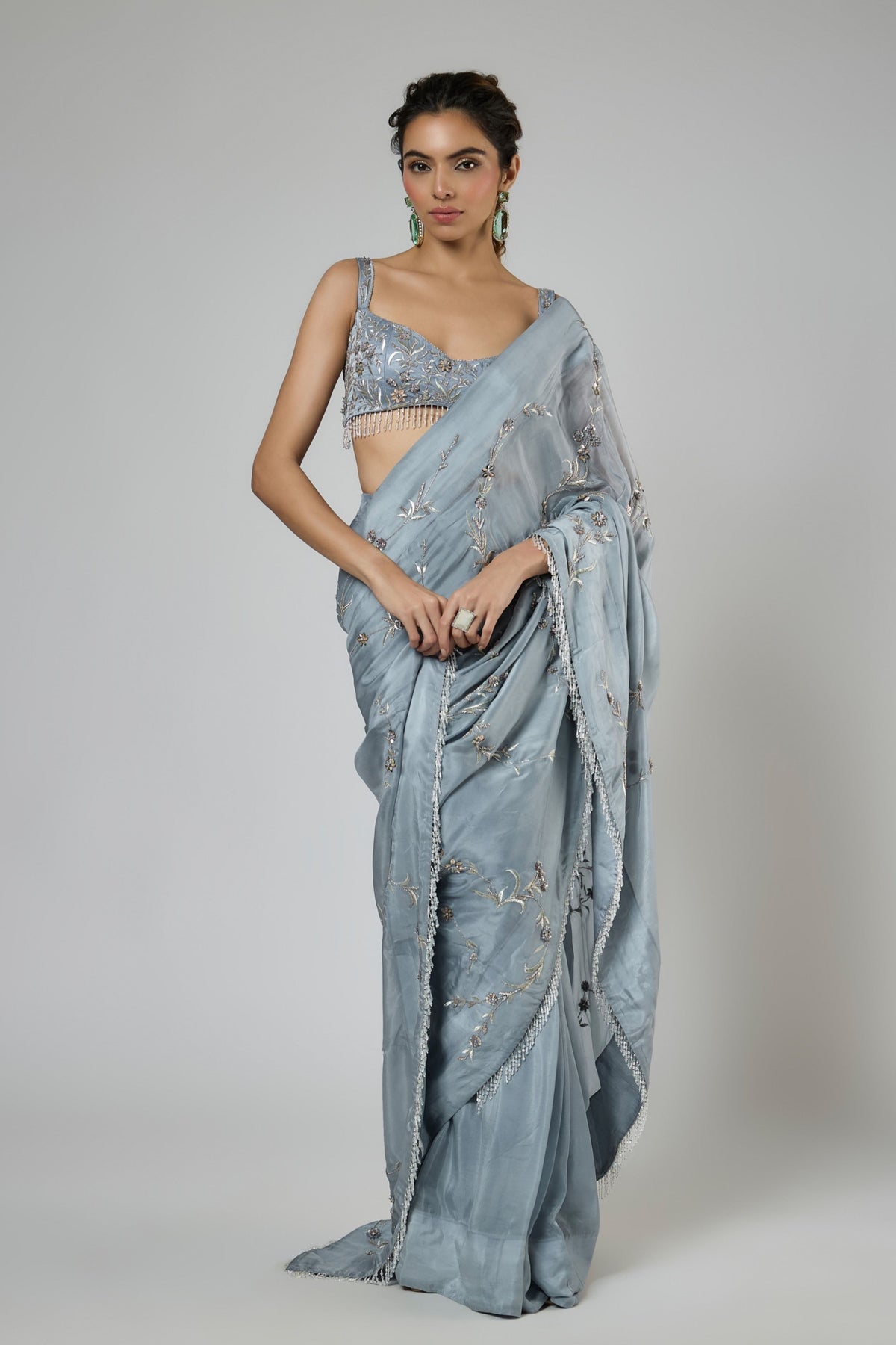 Periwinkle Floral Draped Saree Set