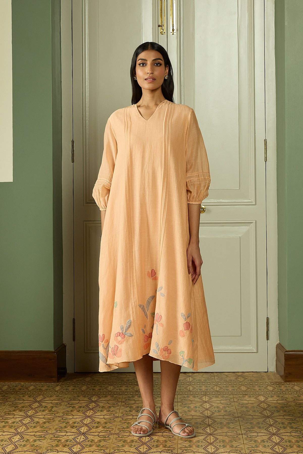 Peach Pintuck Applique Dress