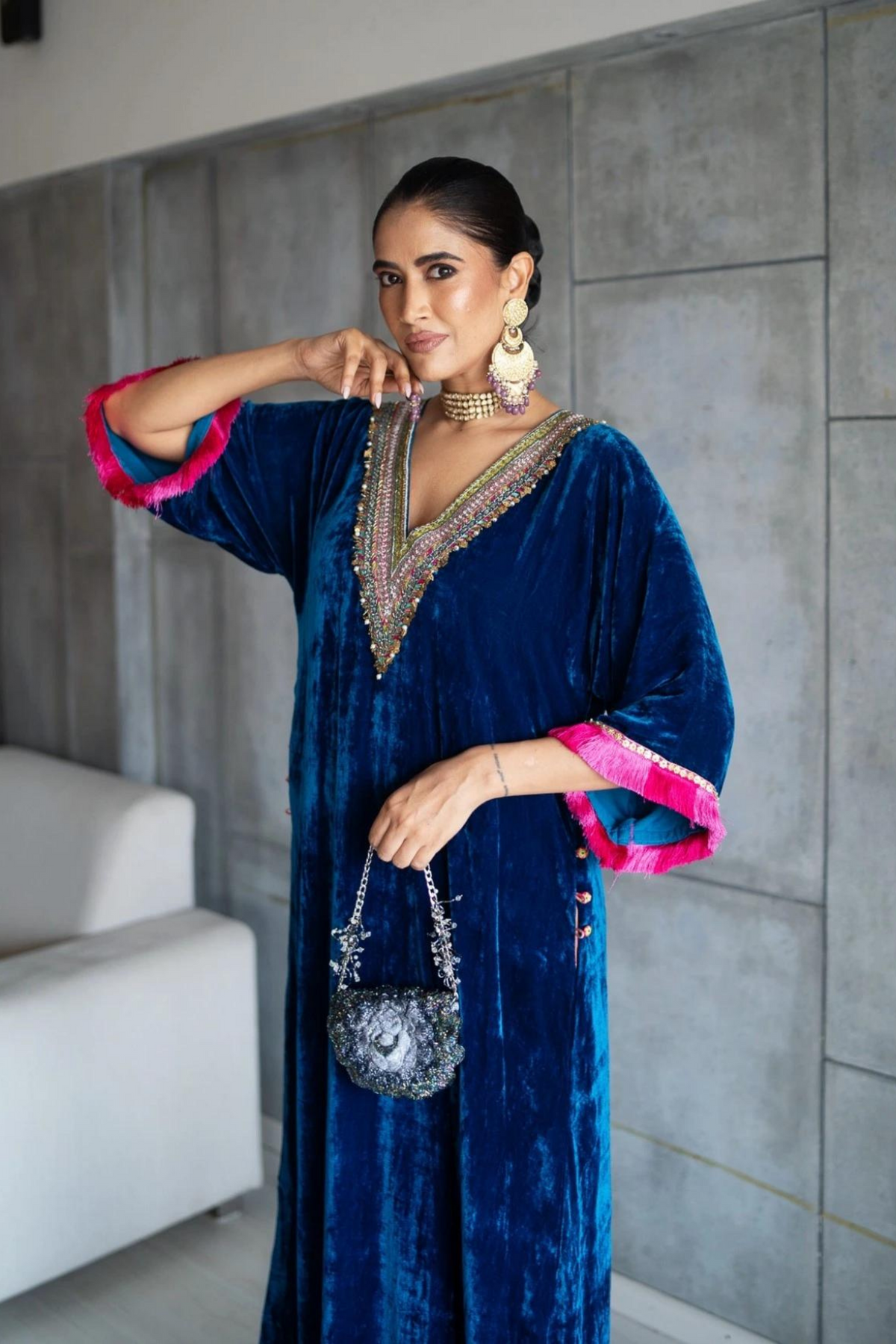 Nadira Blue Velvet Kaftan Kurta Set