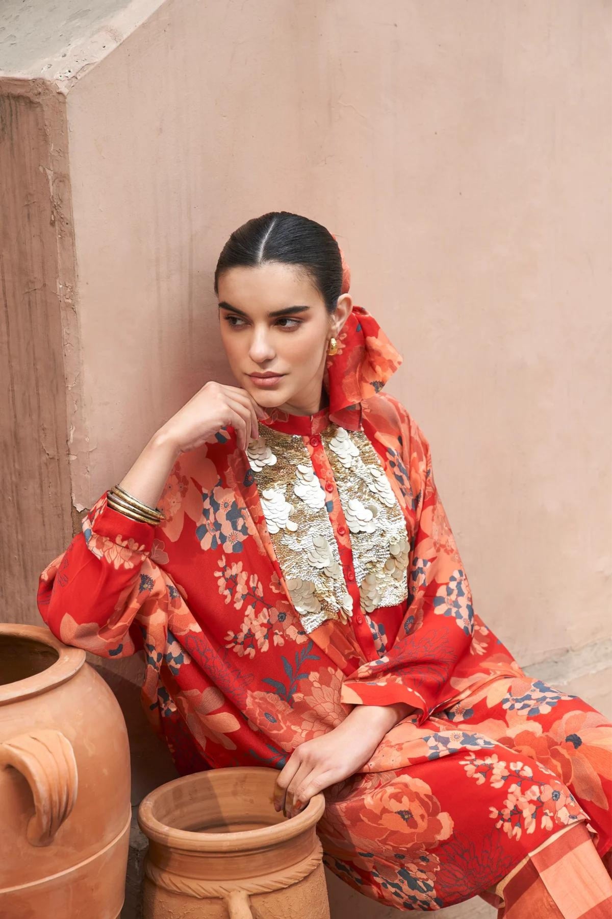 Red Moroccan Coin Yoke Co-ord Set