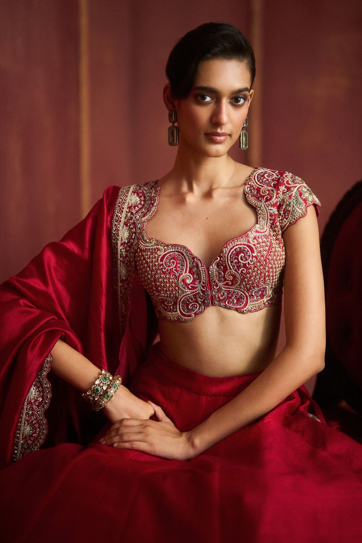 Red Embroidered Lehenga Set