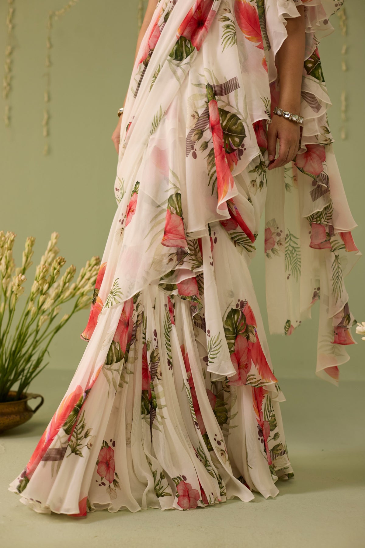 White Draped Saree Set
