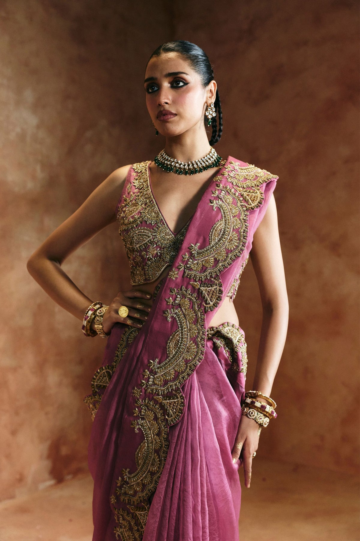Peach Gold Sindh Zardozi Saree Set