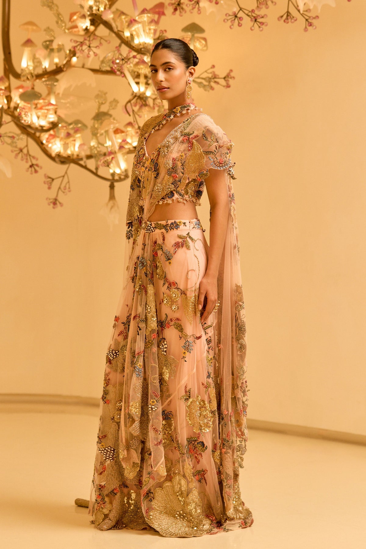 Botanical Draped Saree With Cape